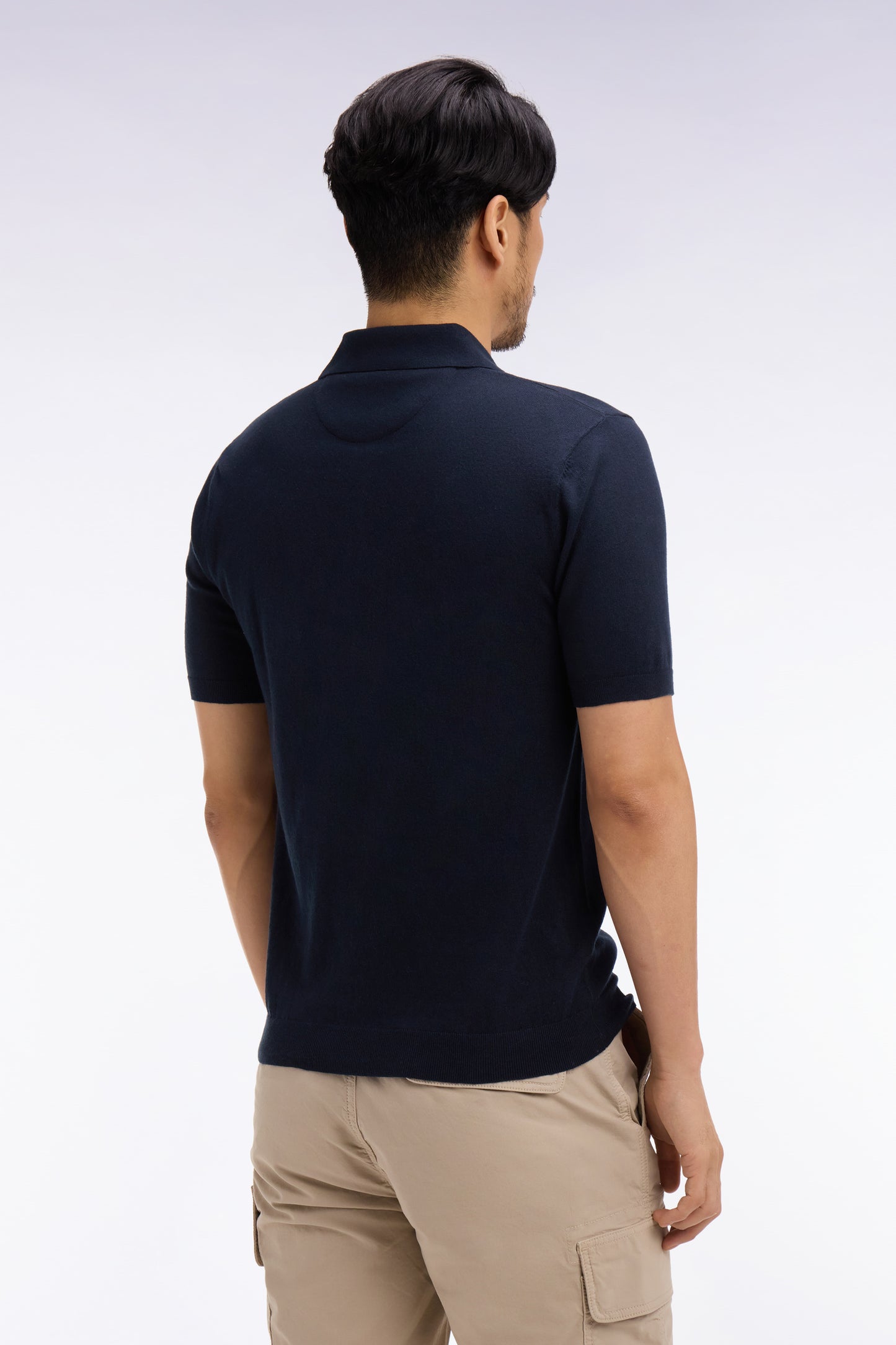 Pull manches courtes col polo en coton et soie mélangés marine