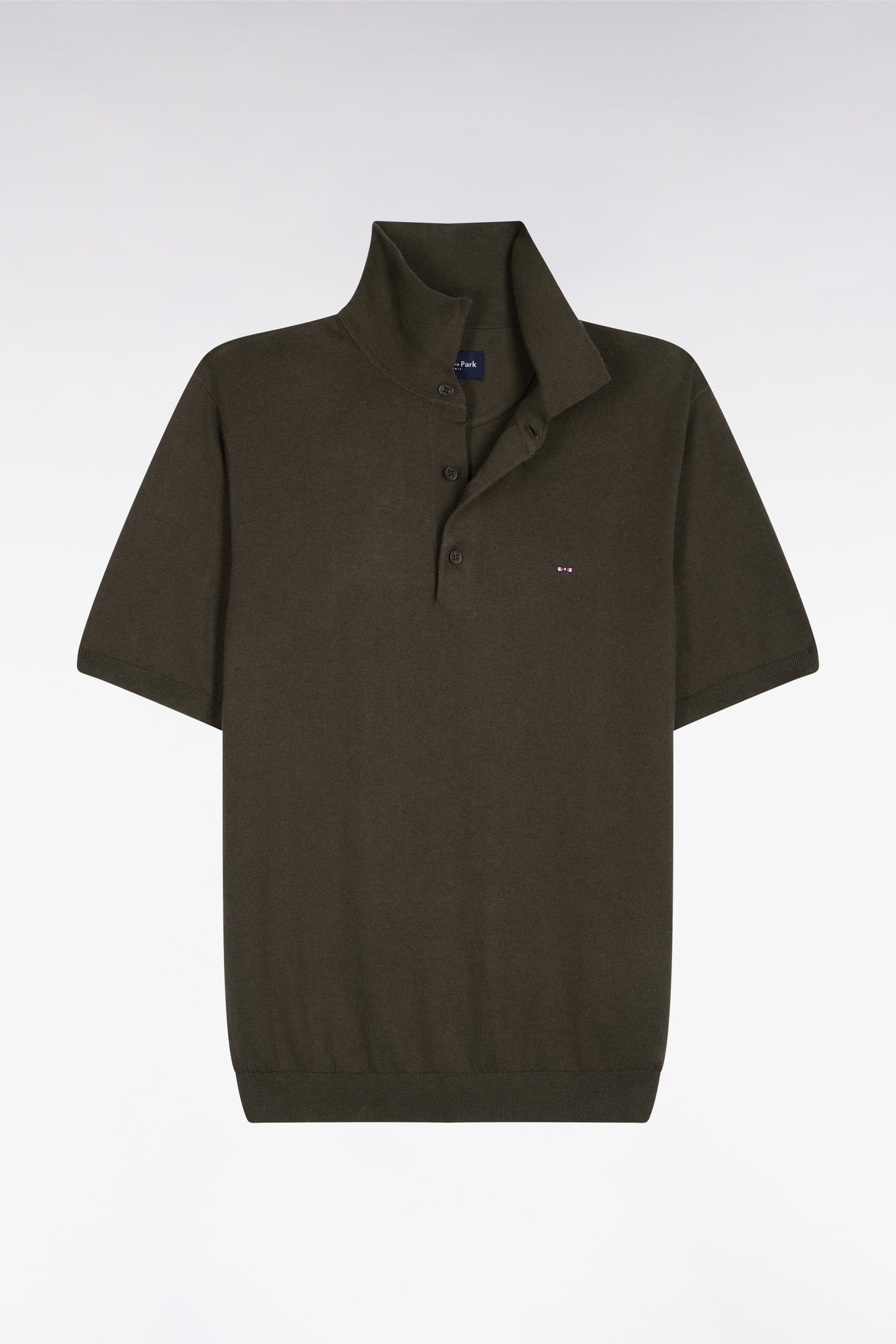 Pull manches courtes col polo en coton et soie mélangés kaki
