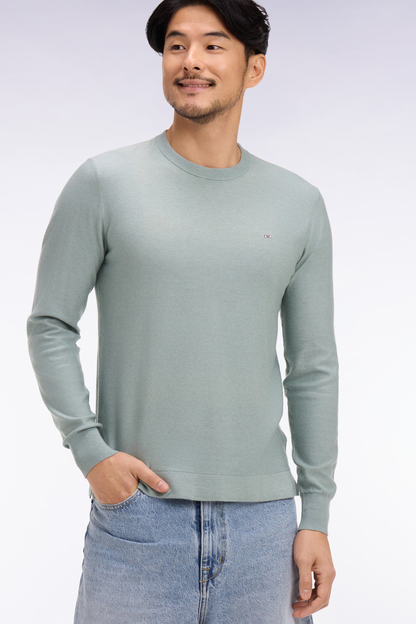 Pull col rond en coton et lyocell mélangés vert d'eau