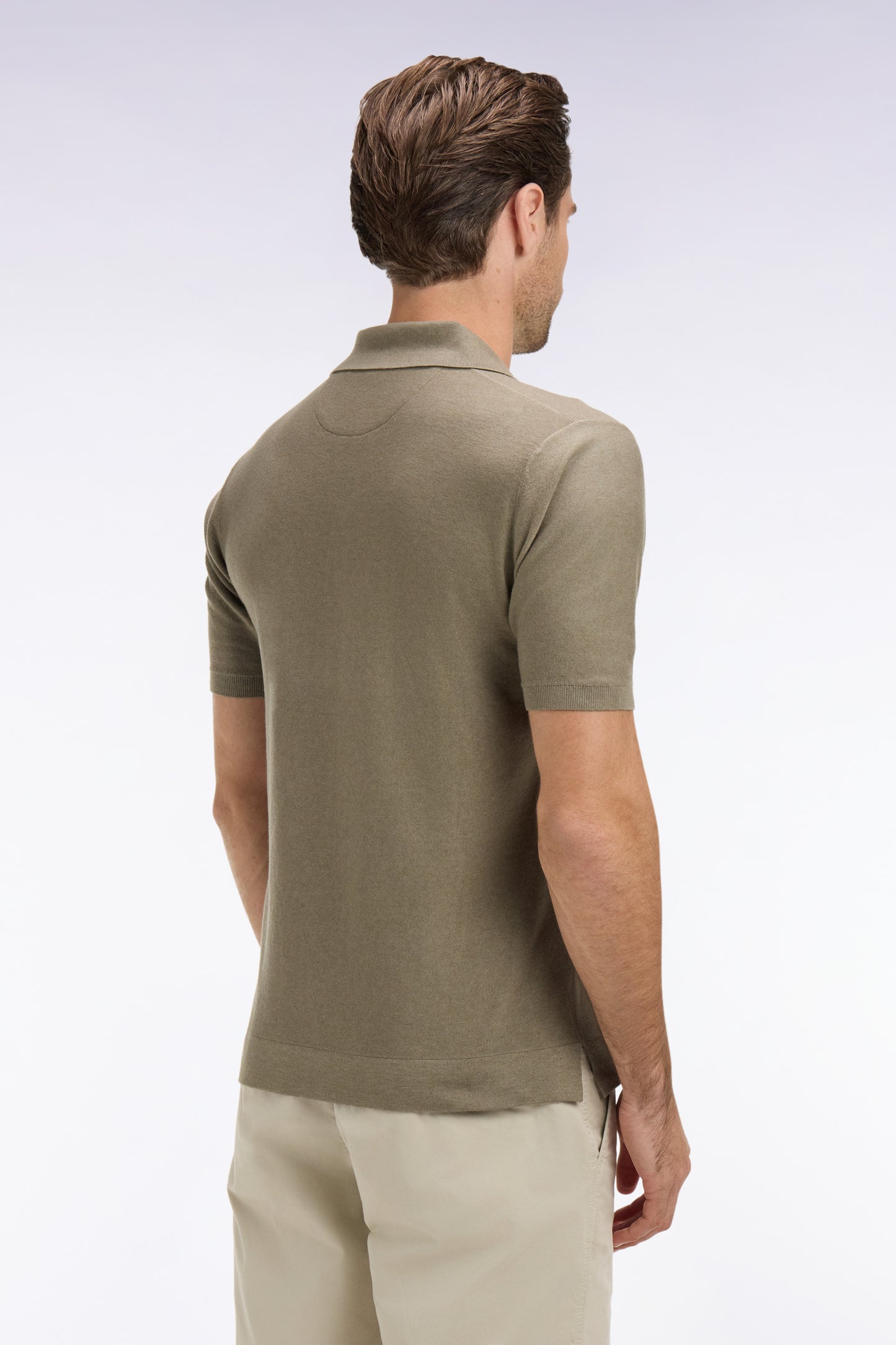 Pull manches courtes à col polo en coton et lyocell mélangés marron