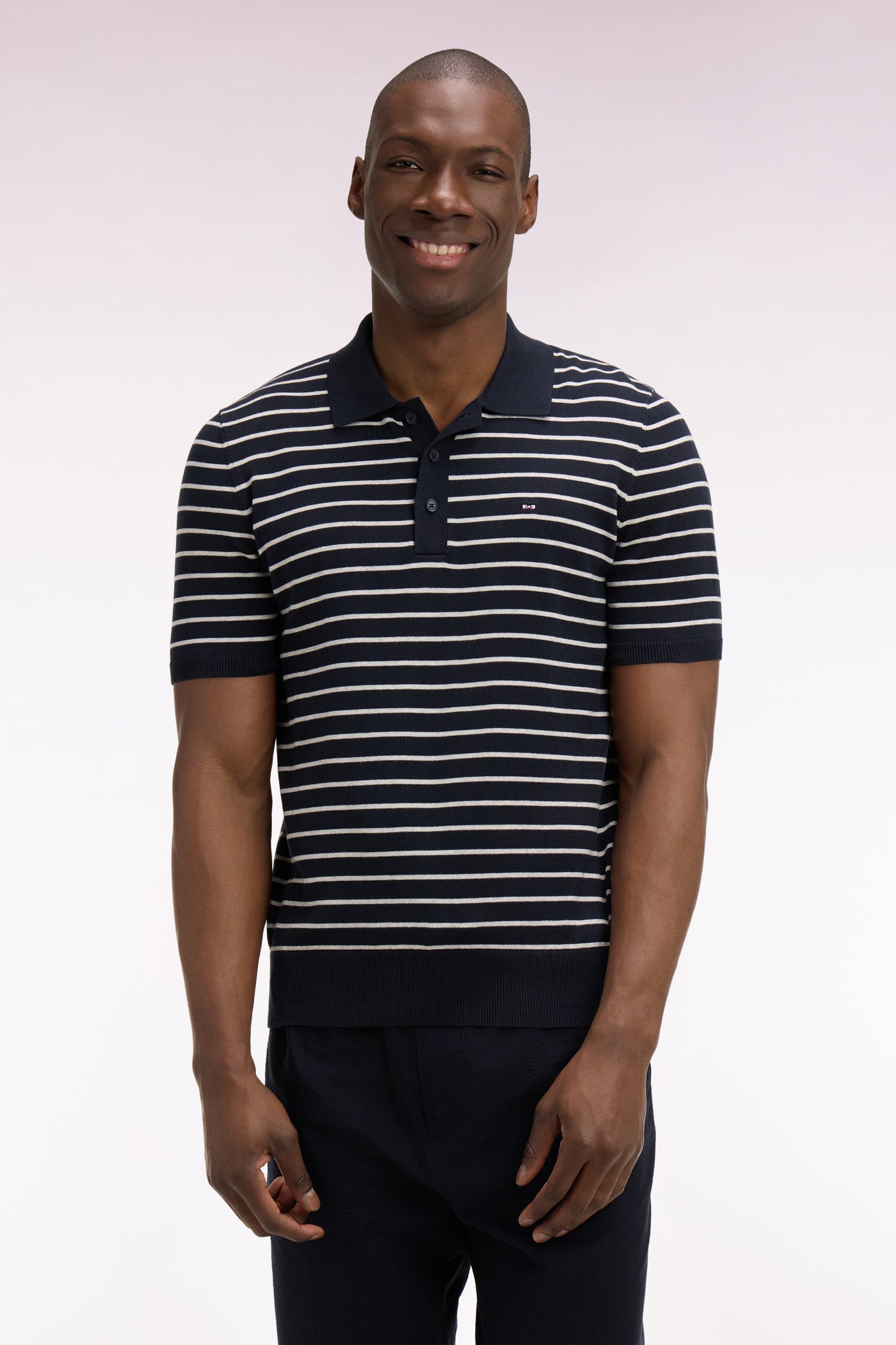 Short-sleeved polo collar sweater in gray striped cotton