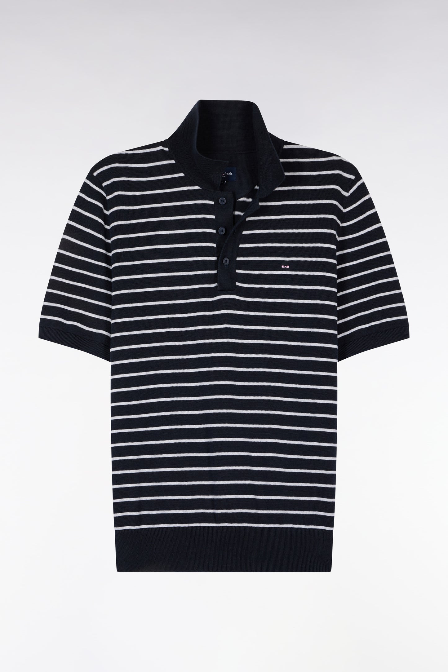 Short-sleeved polo collar sweater in gray striped cotton