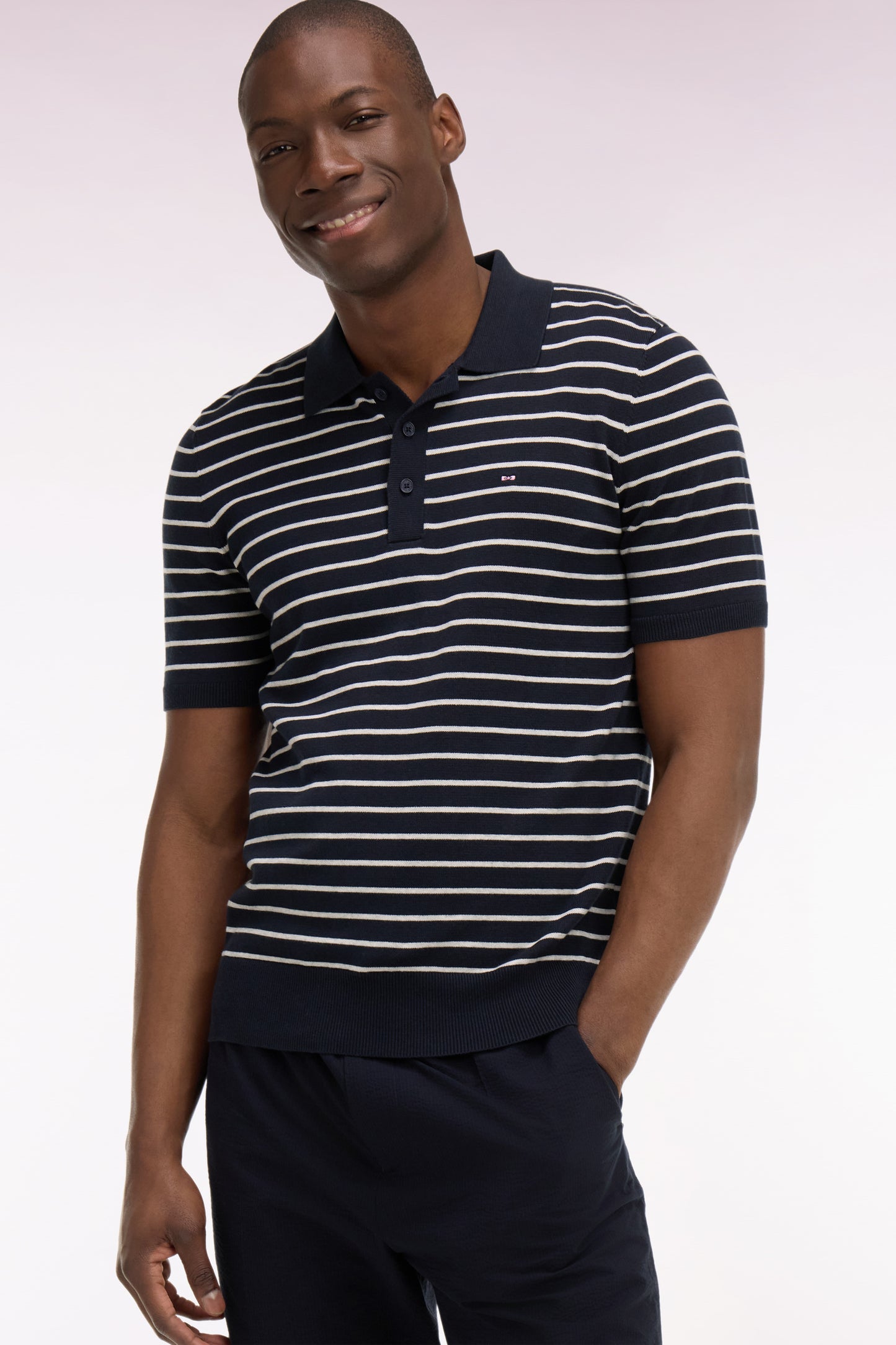 Short-sleeved polo collar sweater in gray striped cotton