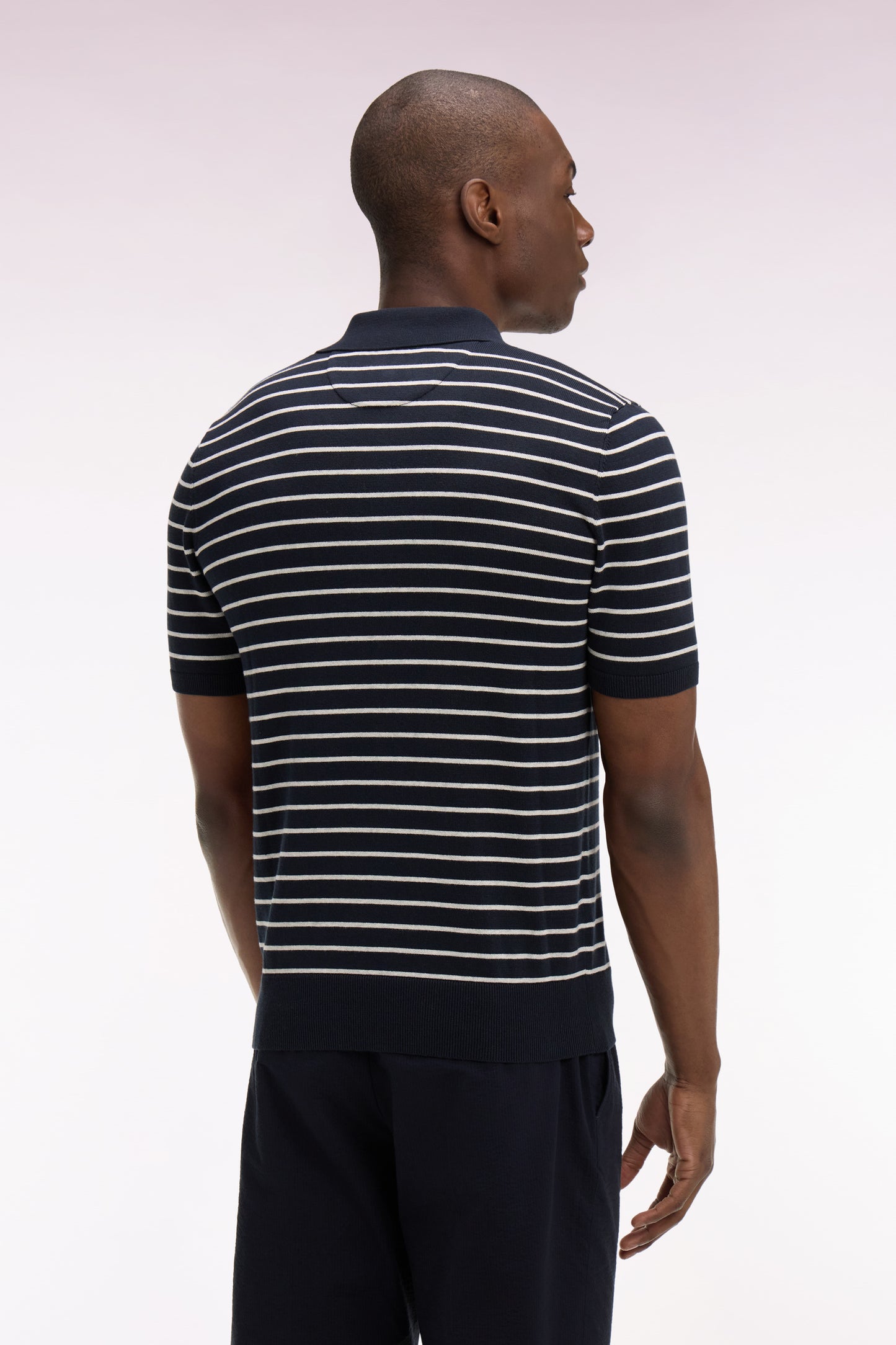 Short-sleeved polo collar sweater in gray striped cotton