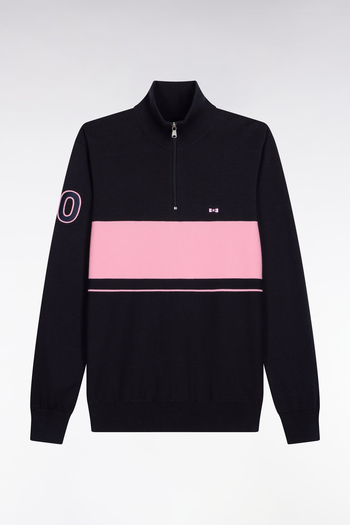 Pull col maillot en coton marine à rayure rugby rose