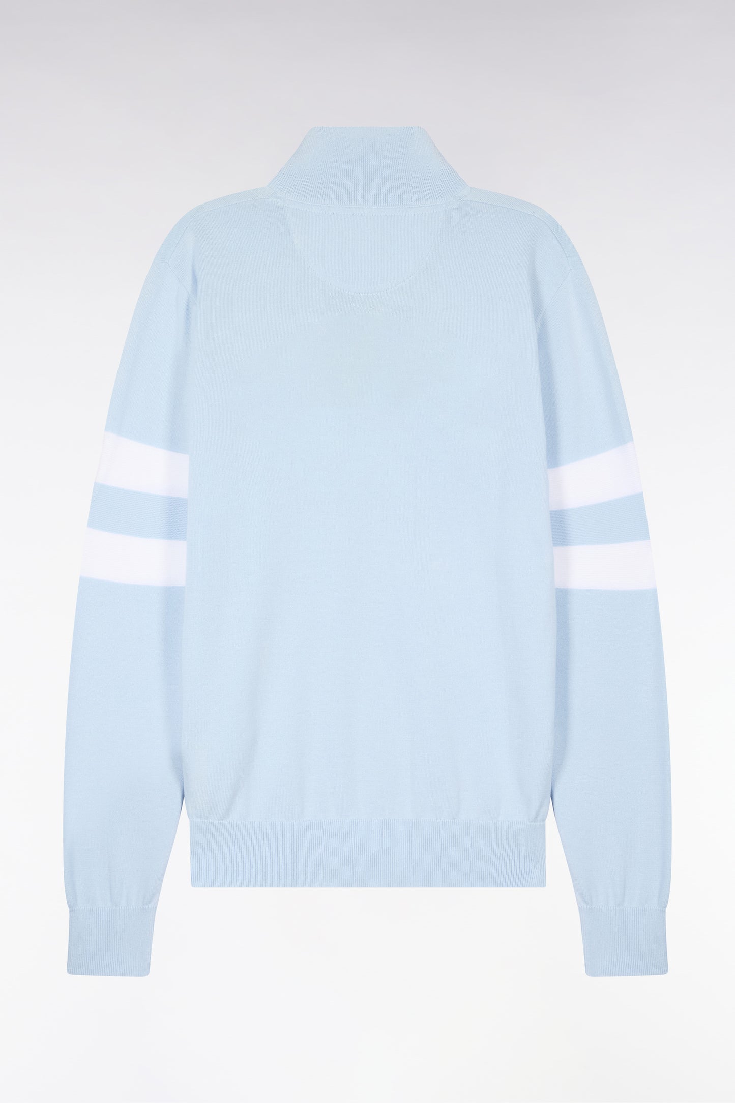 Sky blue cotton sweater with double striped sleeves