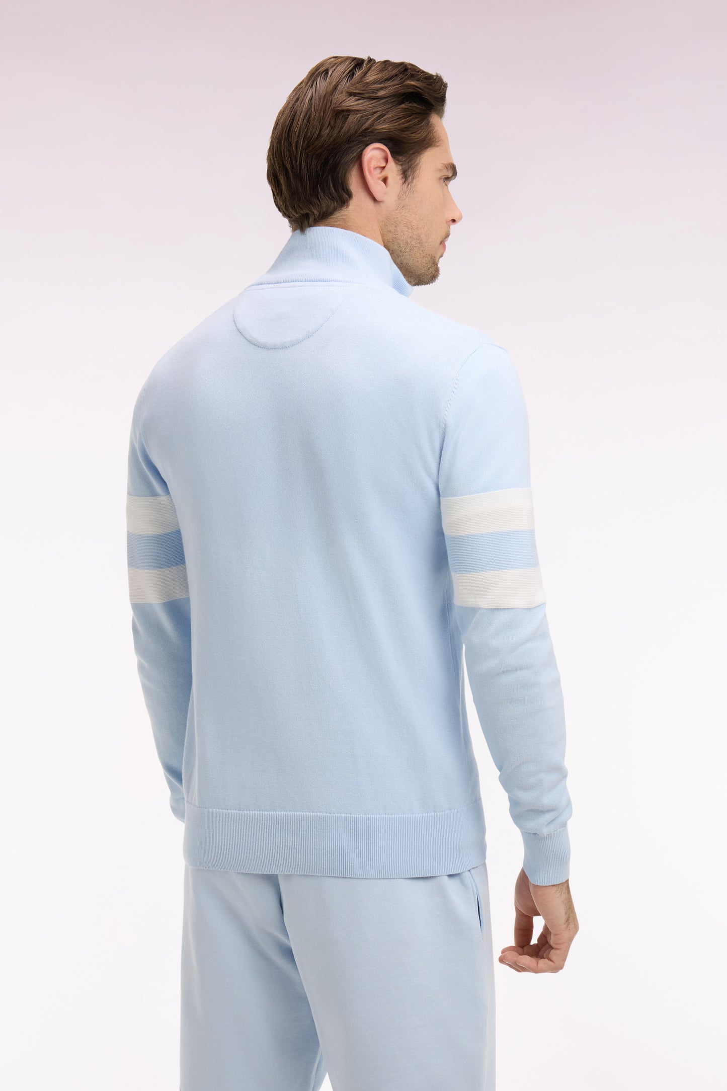 Sky blue cotton sweater with double striped sleeves