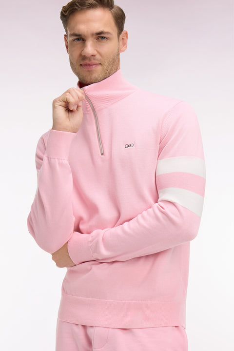 Pull col maillot en coton rose à double rayures manches - Image 1