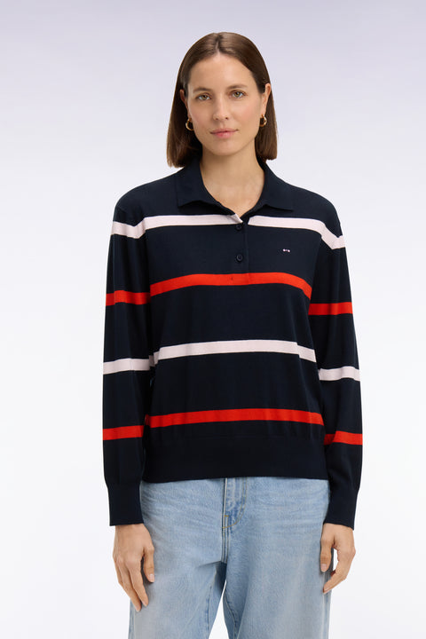 Pull maillot rayé en coton et soie mélangés marine - Image 3