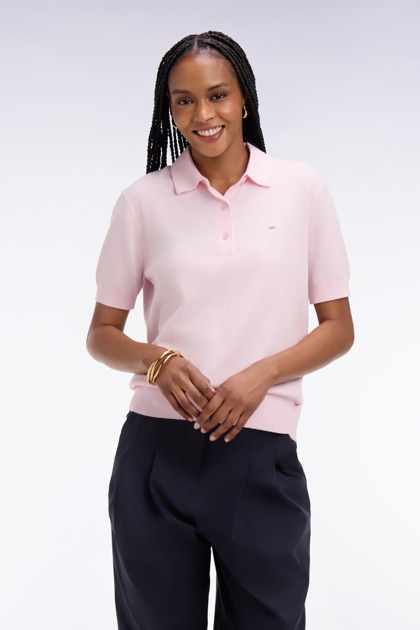 Pull polo à manches courtes en coton et soie mélangés rose coupe regular