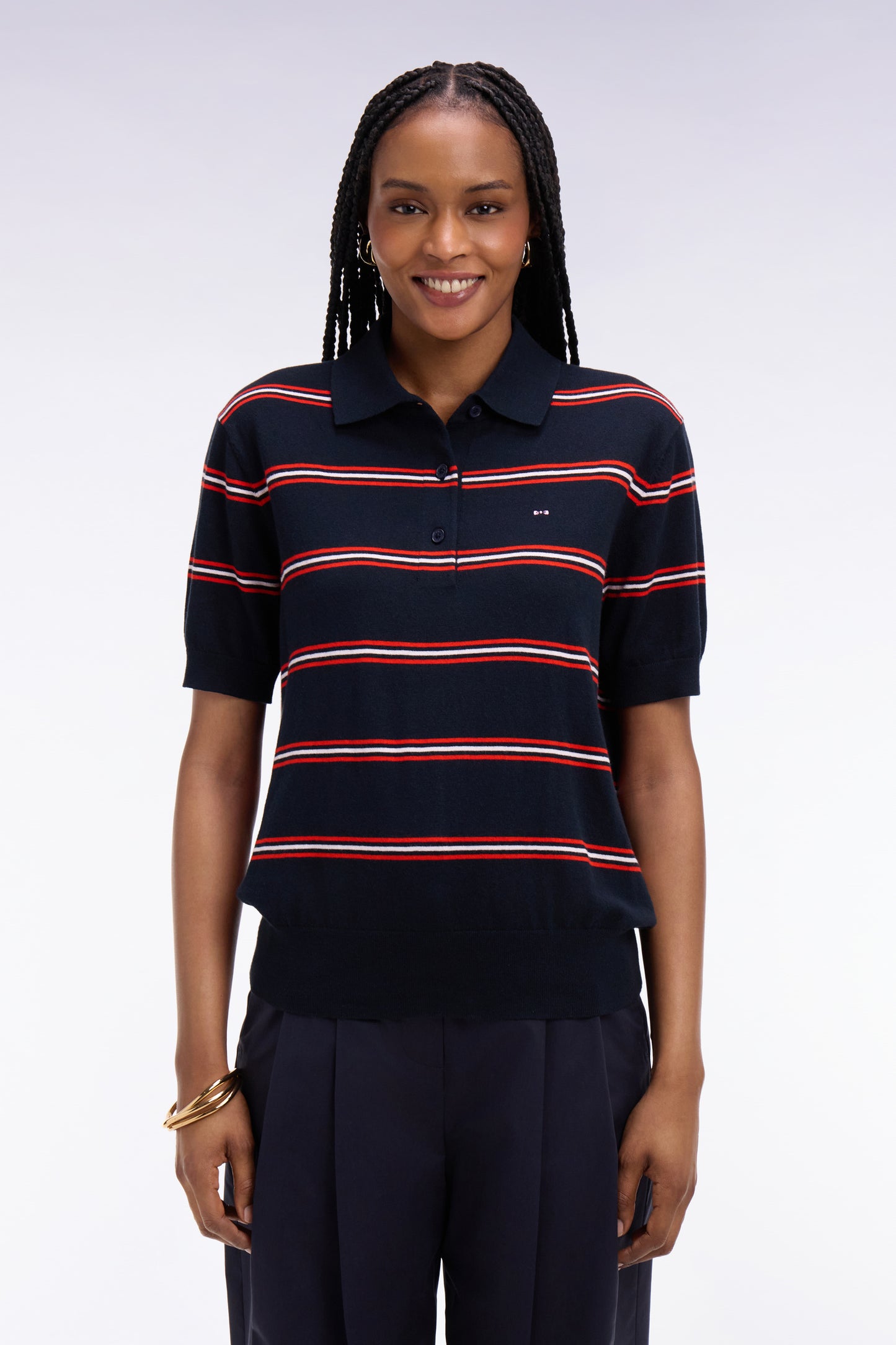 Pull à manches courtes rayé en coton et soie mélangés marine coupe regular