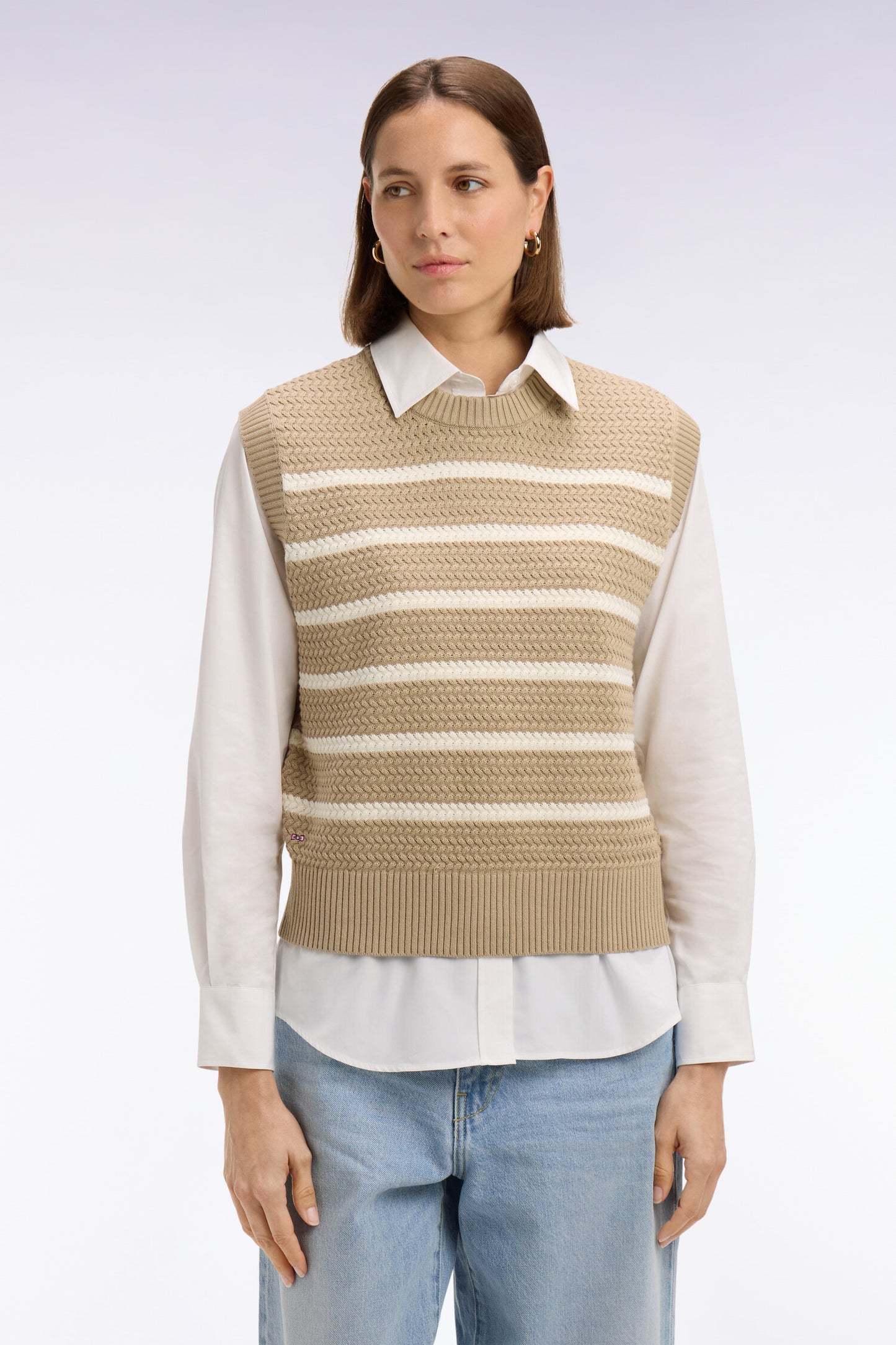 Pull marinière sans manche en coton tressé beige