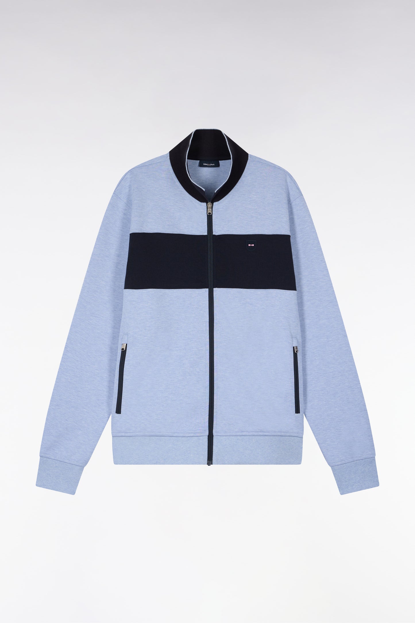 Sweatshirt zippé col polo en molleton bleu ciel