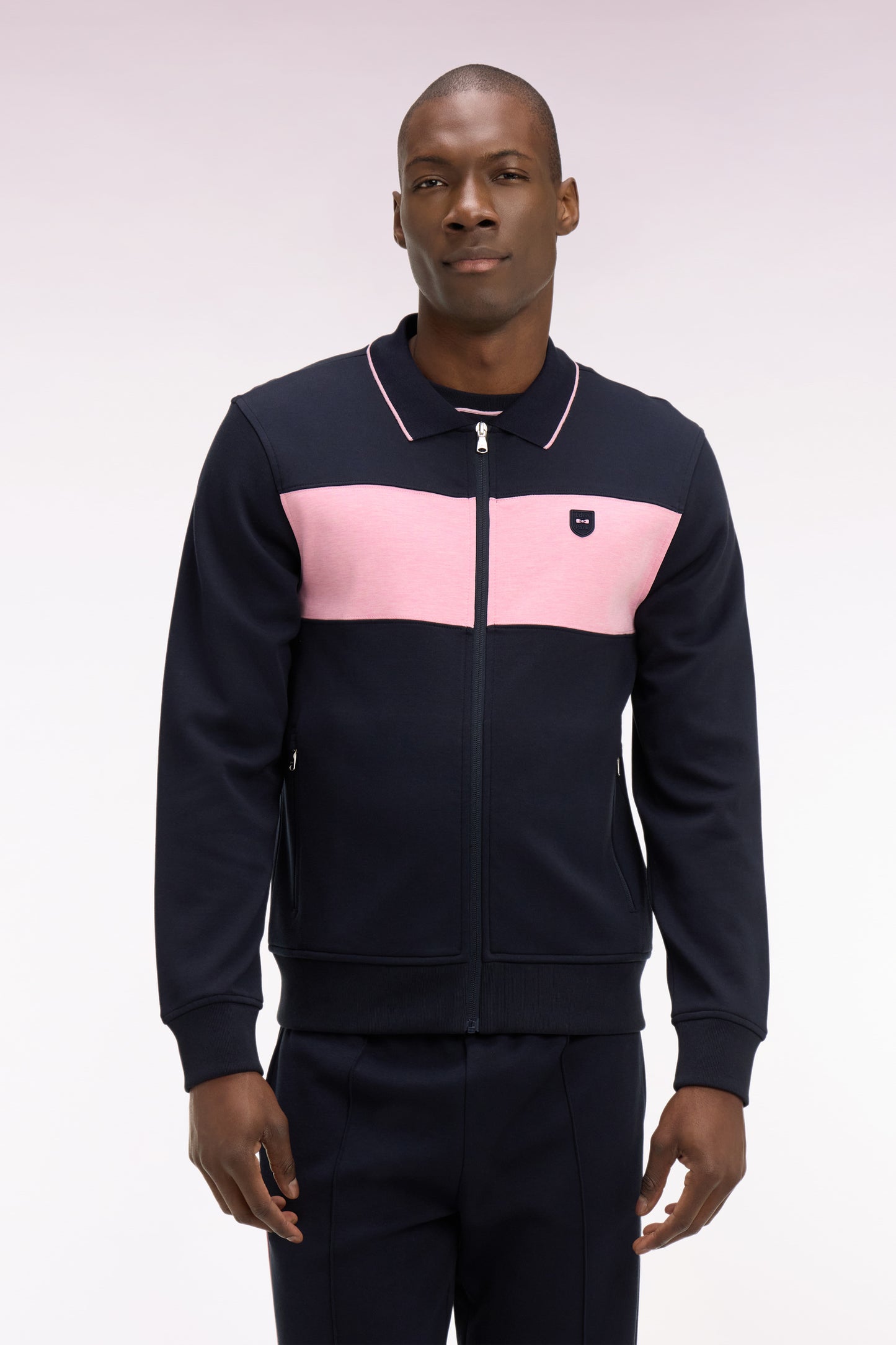 Sweatshirt zippé col polo en molleton marine