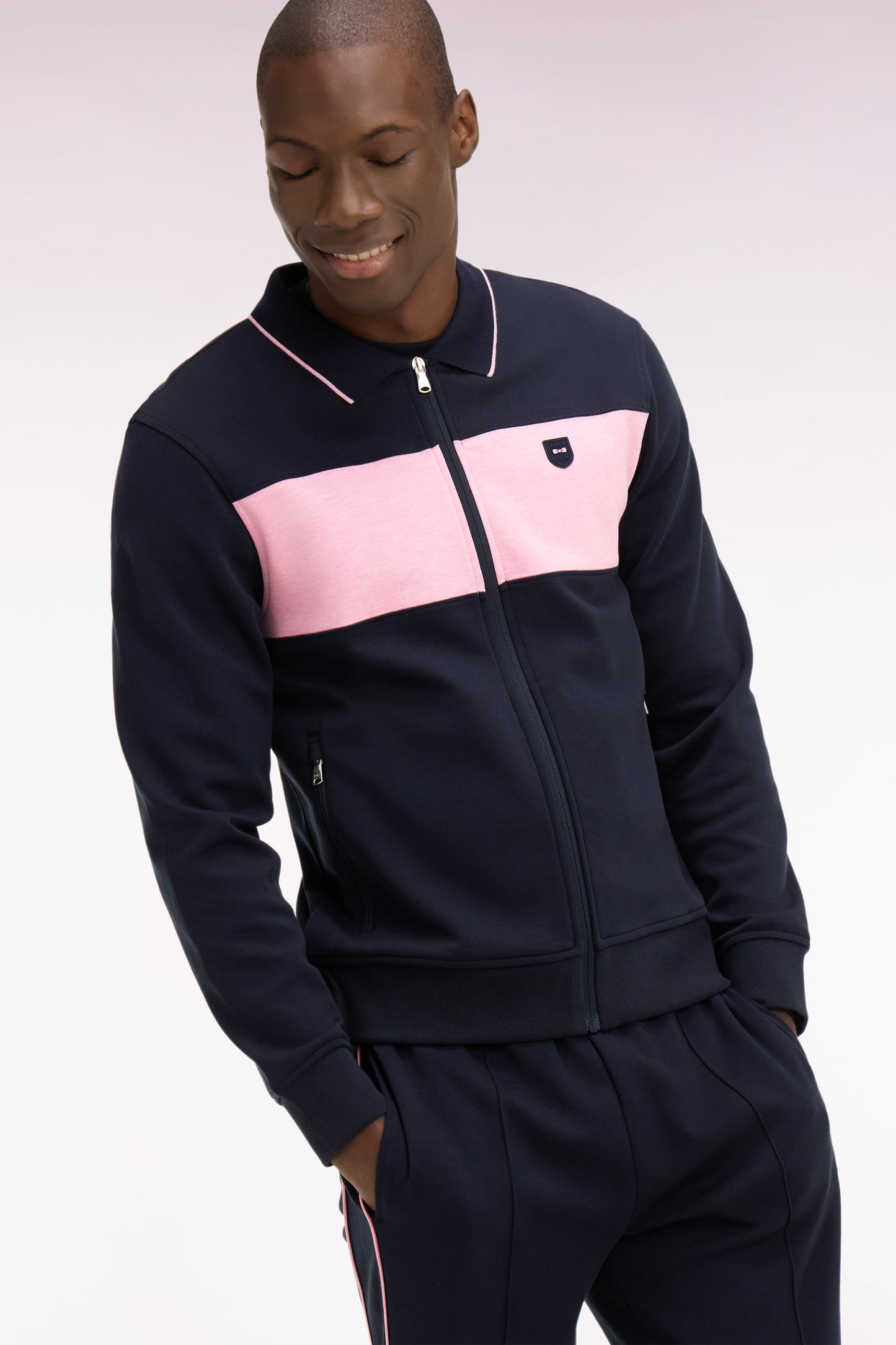 Sweatshirt zippé col polo en molleton marine