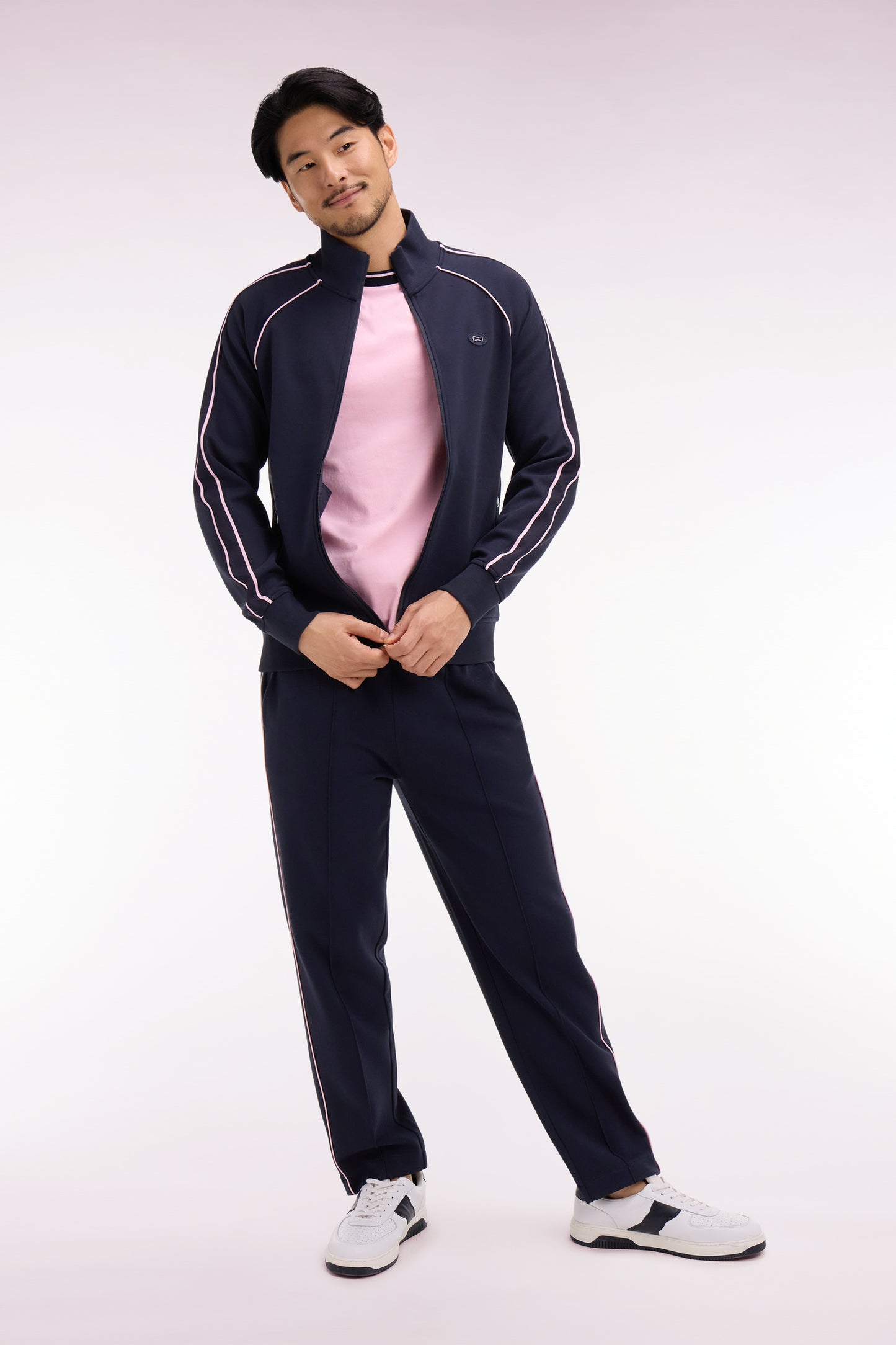 Sweatshirt zippé en interlock marine découpe ruban coupe regular