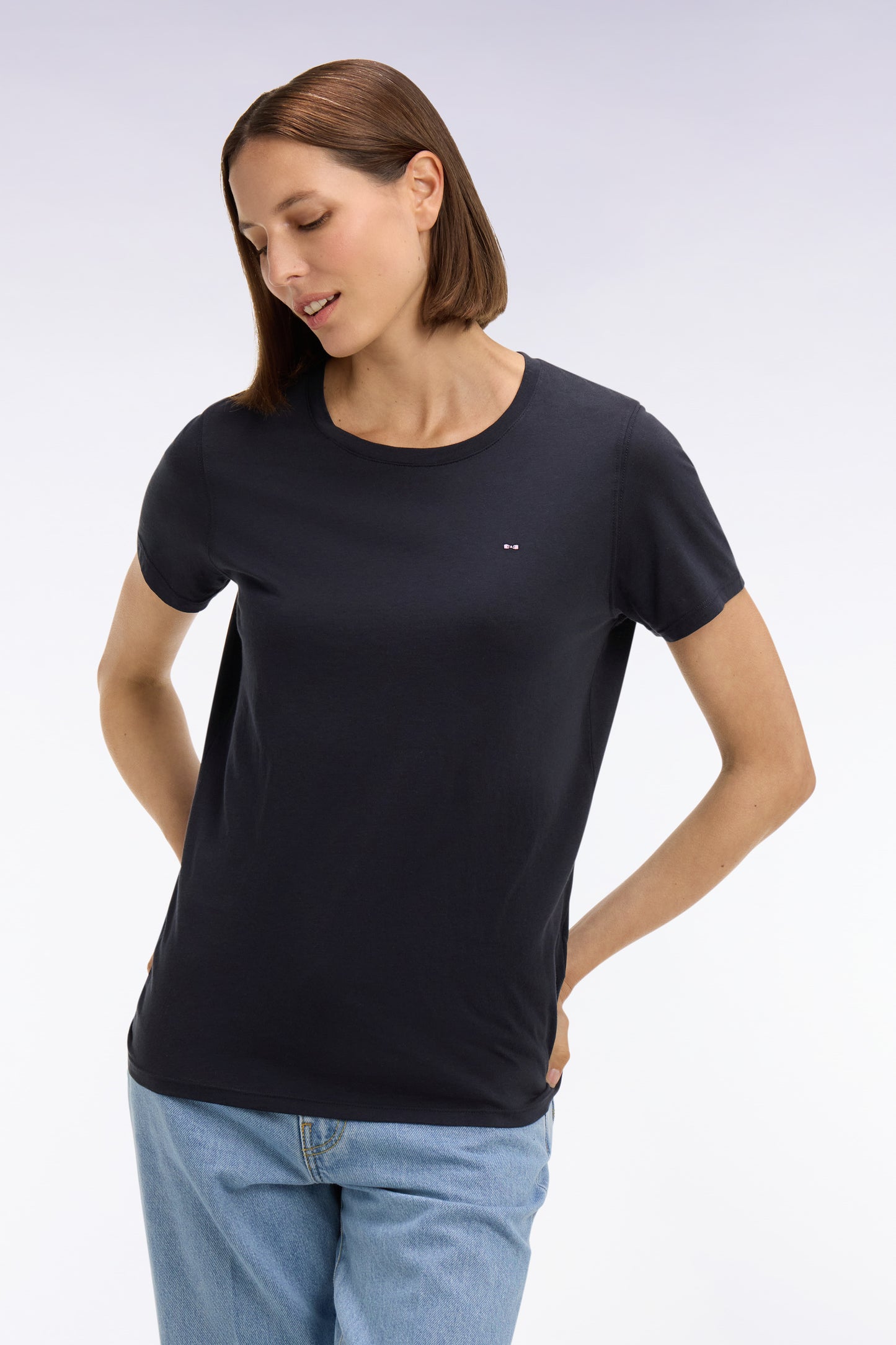 Short-sleeved T-shirt in navy Pima cotton, round neck, regular fit