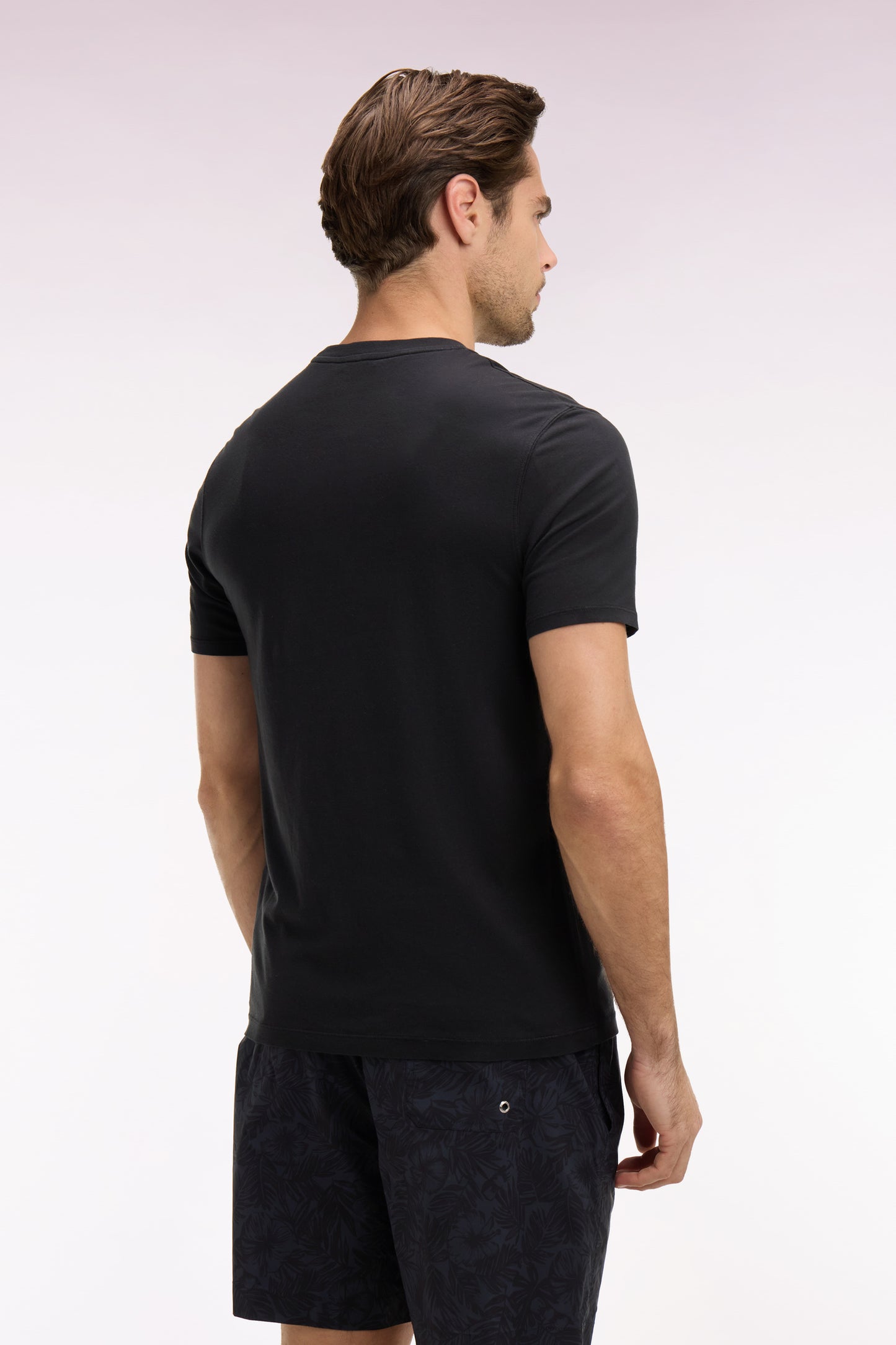 Short-sleeved black lyocell and cotton T-shirt, regular fit