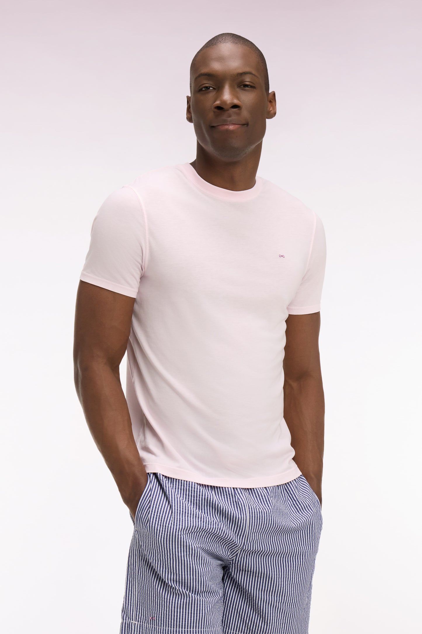 Regular fit pink lyocell and cotton short-sleeved T-shirt