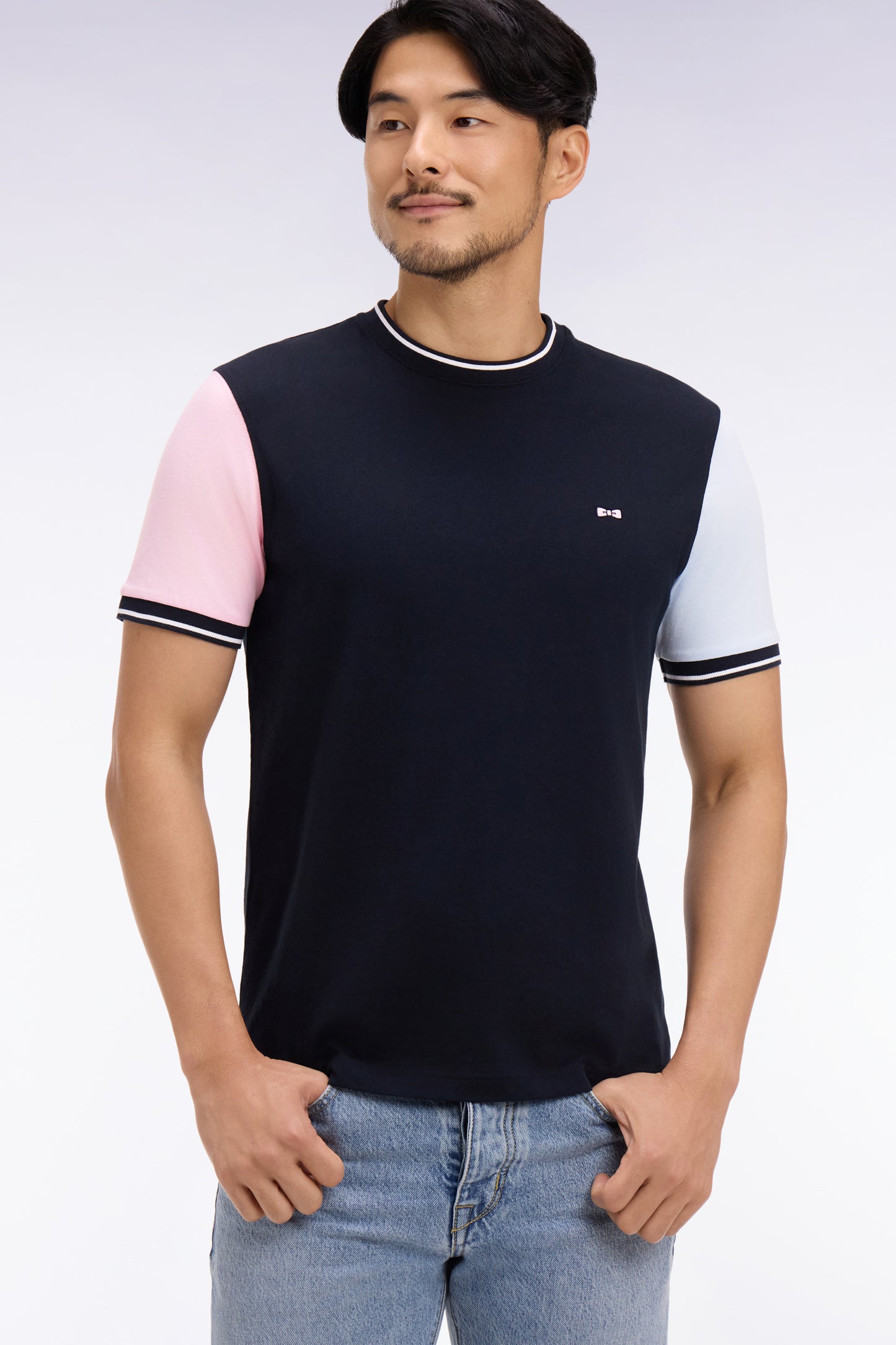 T-shirt à manches courtes en coton tricolore brodé coupe regular