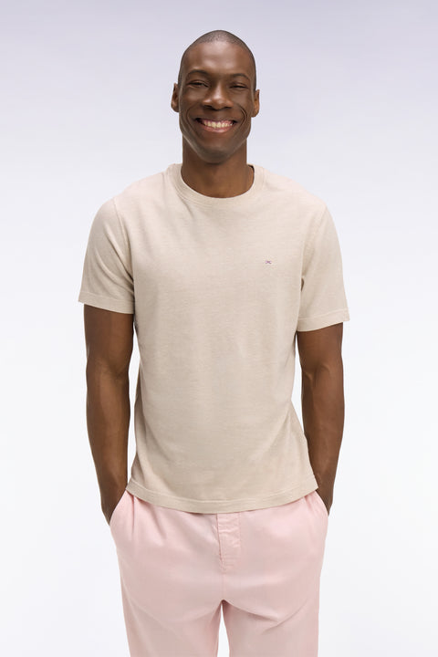 T-shirt à manches courtes en coton et lin beige coupe regular - Image 3
