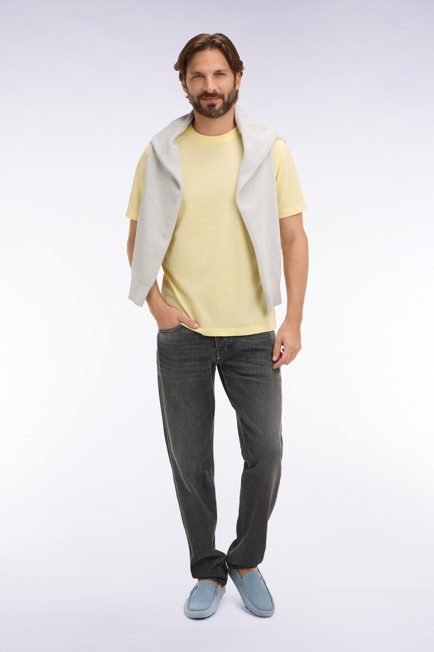 T-shirt à manches courtes en coton et lin jaune coupe regular