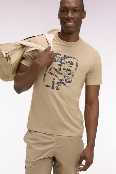 T-shirt à manches courtes en coton beige sérigraphié coupe regular - Image 1