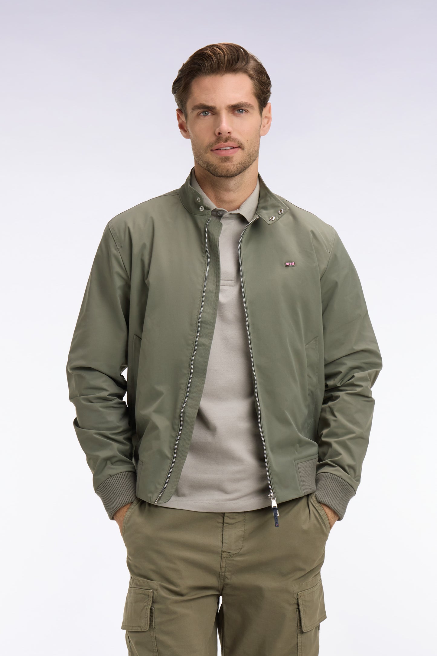 Blouson à col motard en nylon kaki