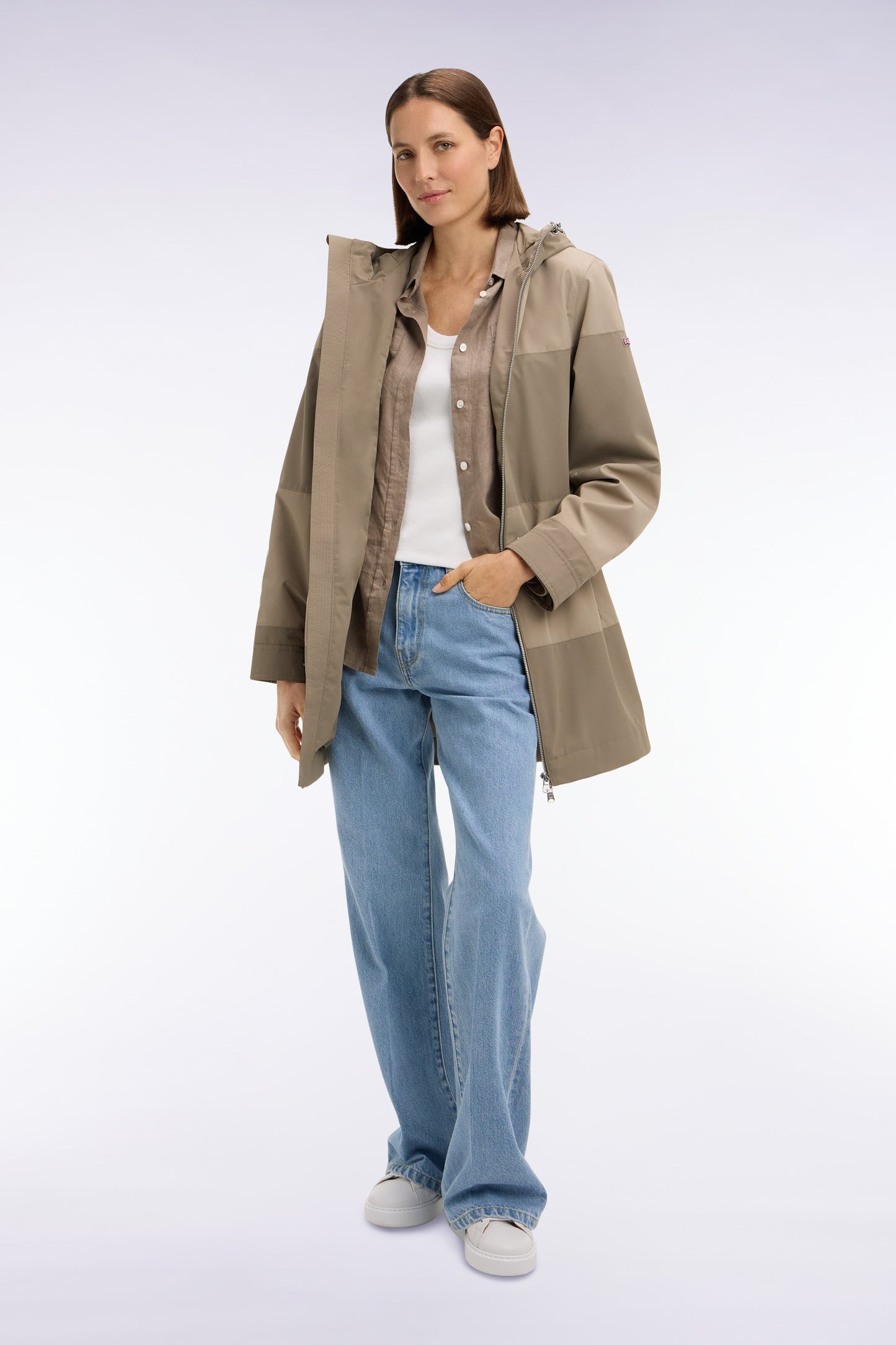 Parka longue kaki à rayures camaïeu et capuche intégrée