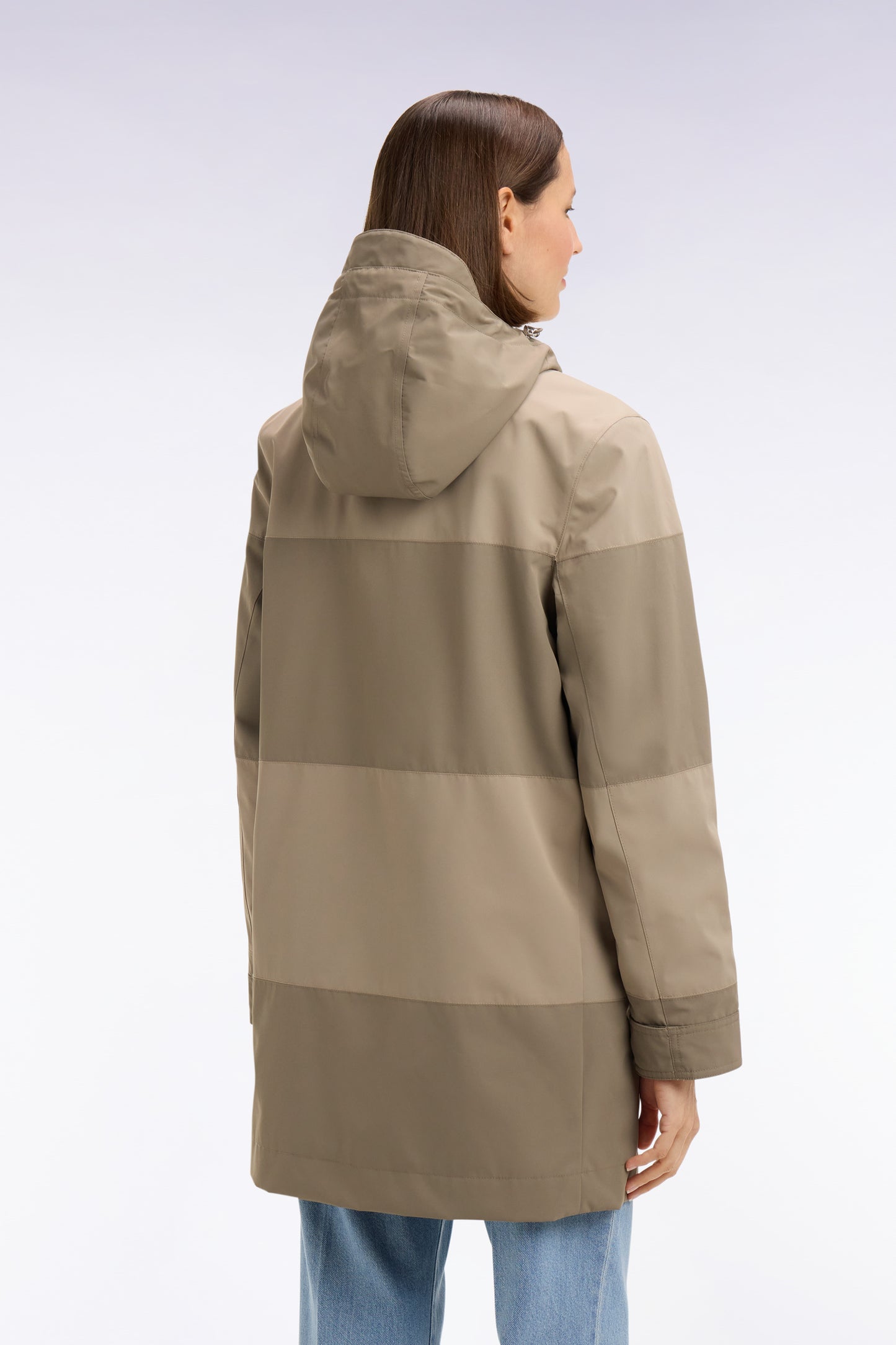 Parka longue kaki à rayures camaïeu et capuche intégrée