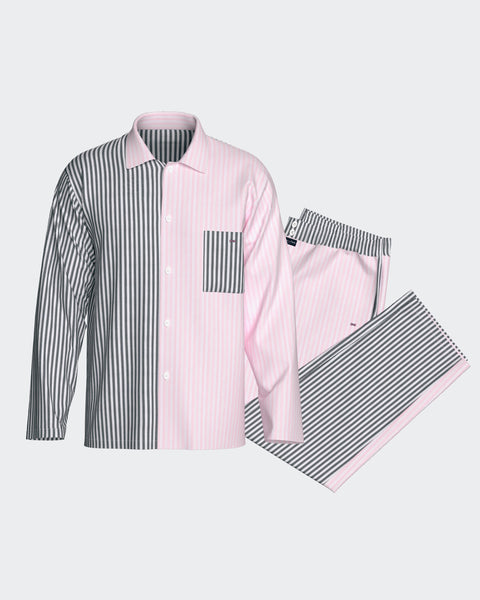 Pyjama long en coton à rayures bicolores marine et roses - Image 1