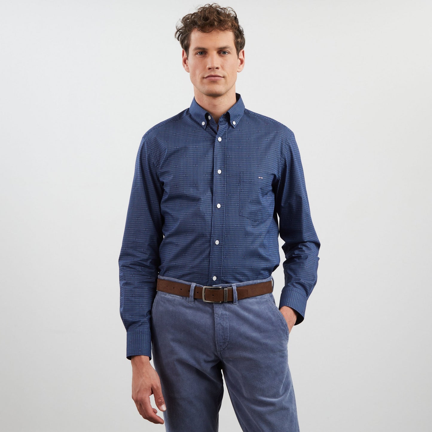 Chemise bleu foncé en popeline imprimé exclusif