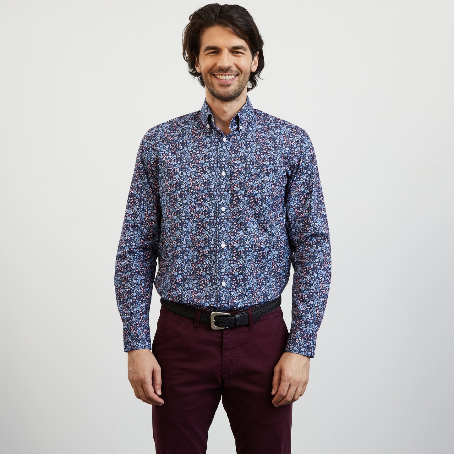 Chemise bleue imprimé exclusif fleuri