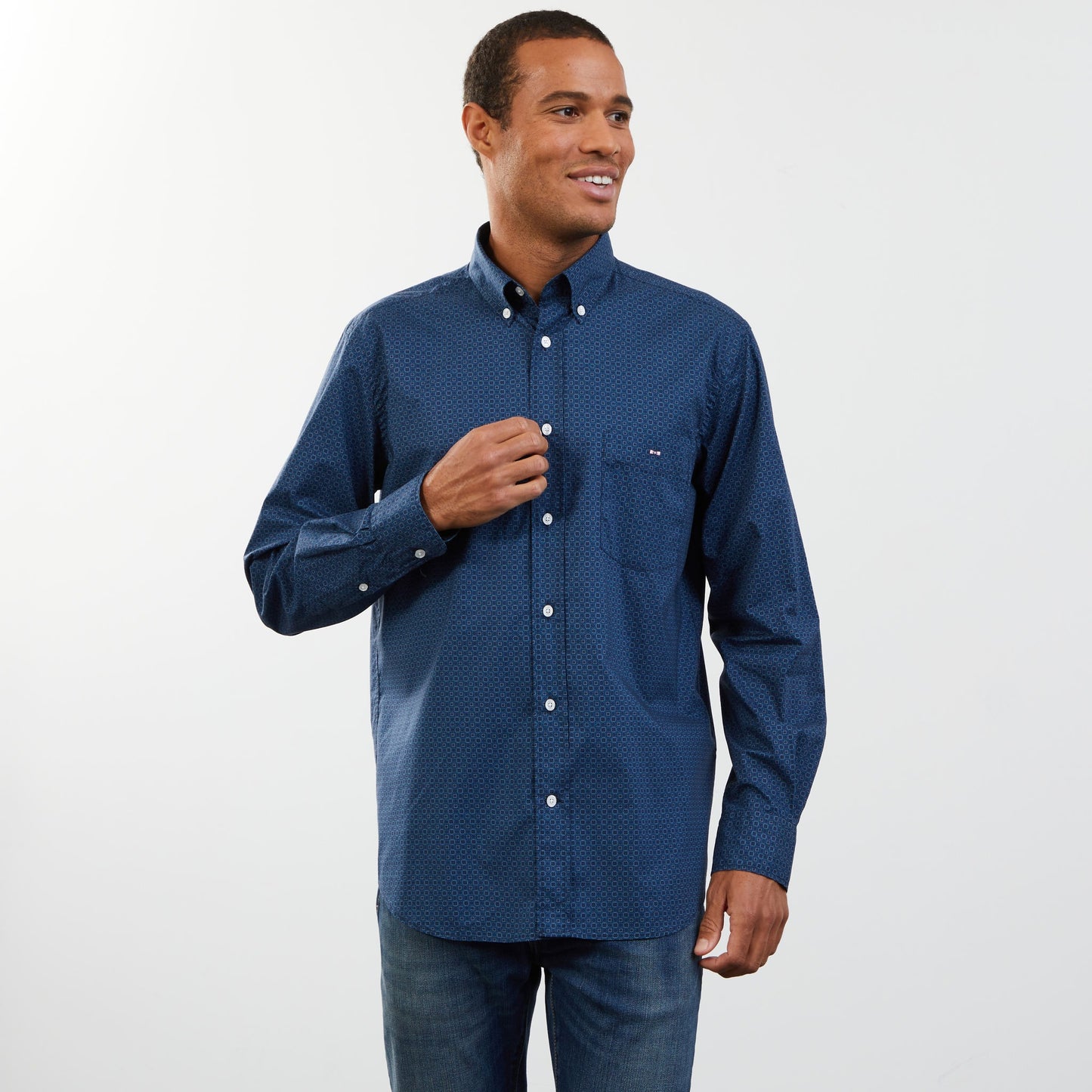 Dark blue shirt with geometric micro motifs