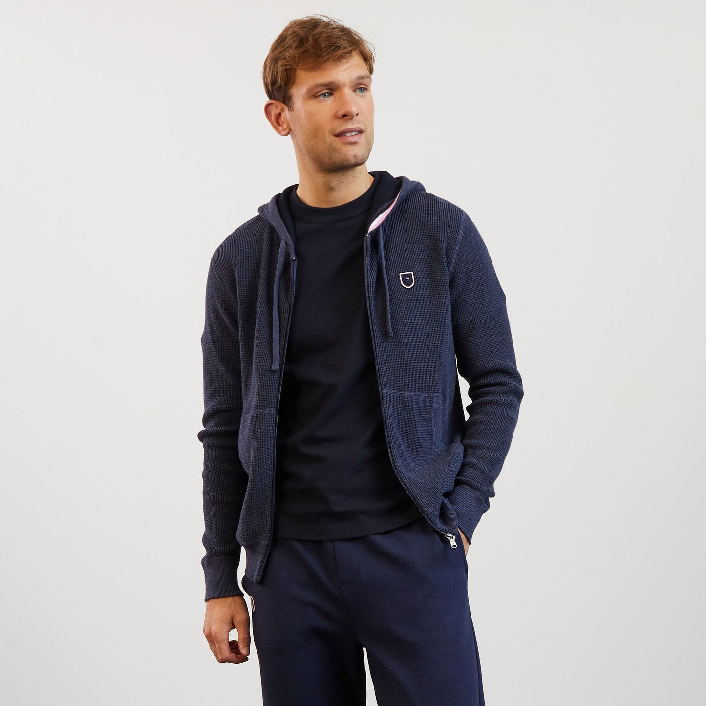 Navy blue waffle knit zipped cardigan