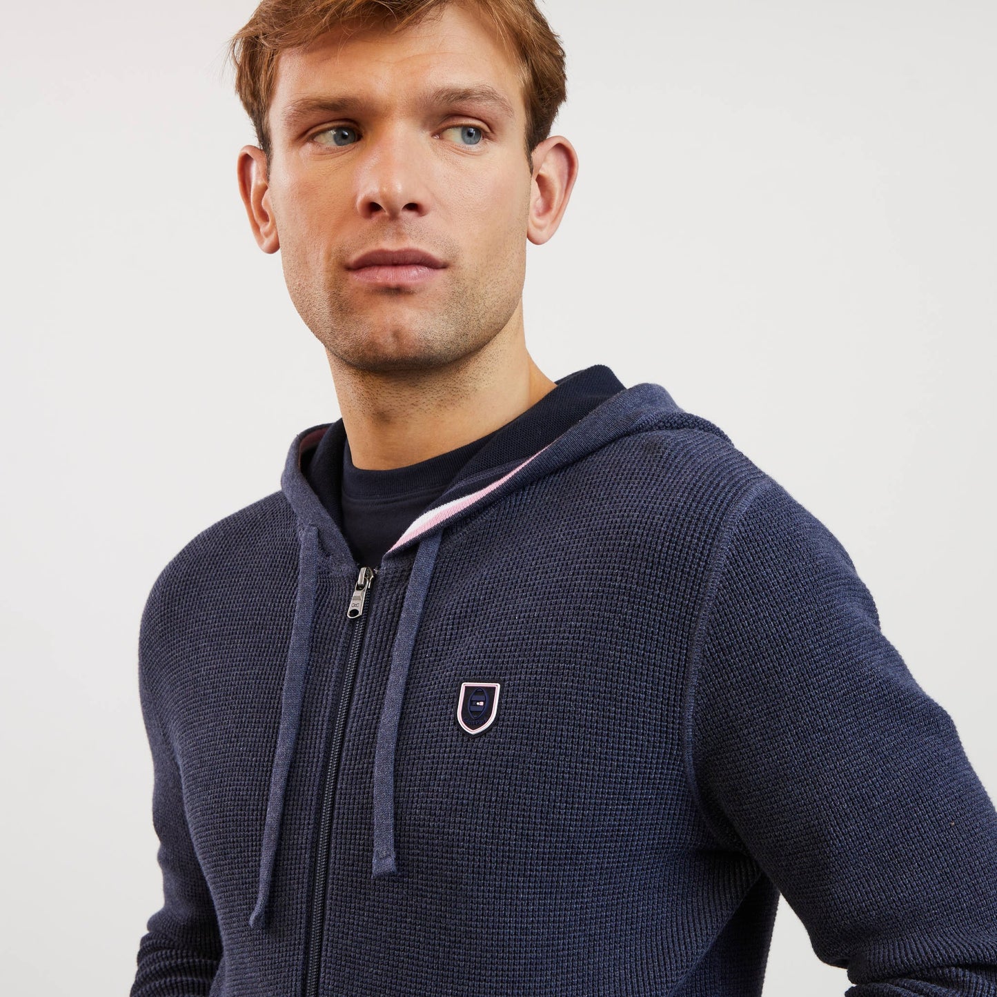 Navy blue waffle knit zipped cardigan