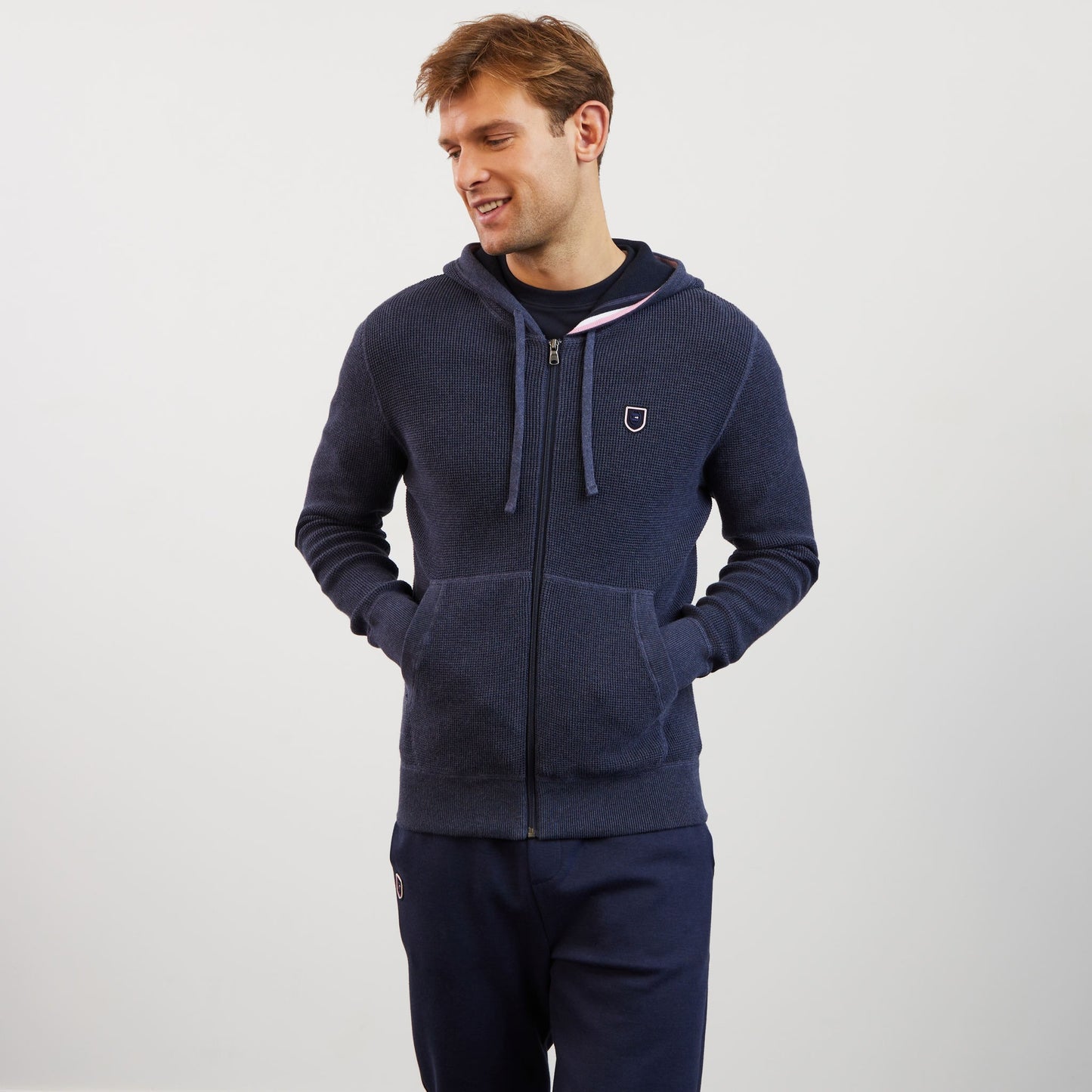 Navy blue waffle knit zipped cardigan