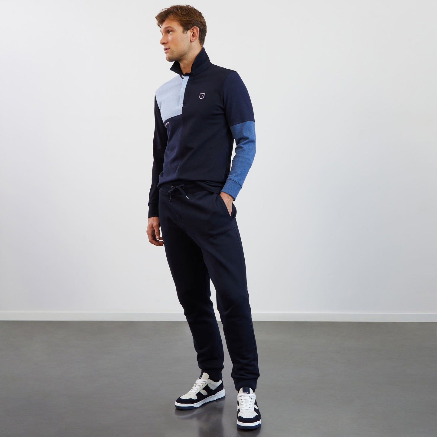 Blue long-sleeved colourblock rugby shirt