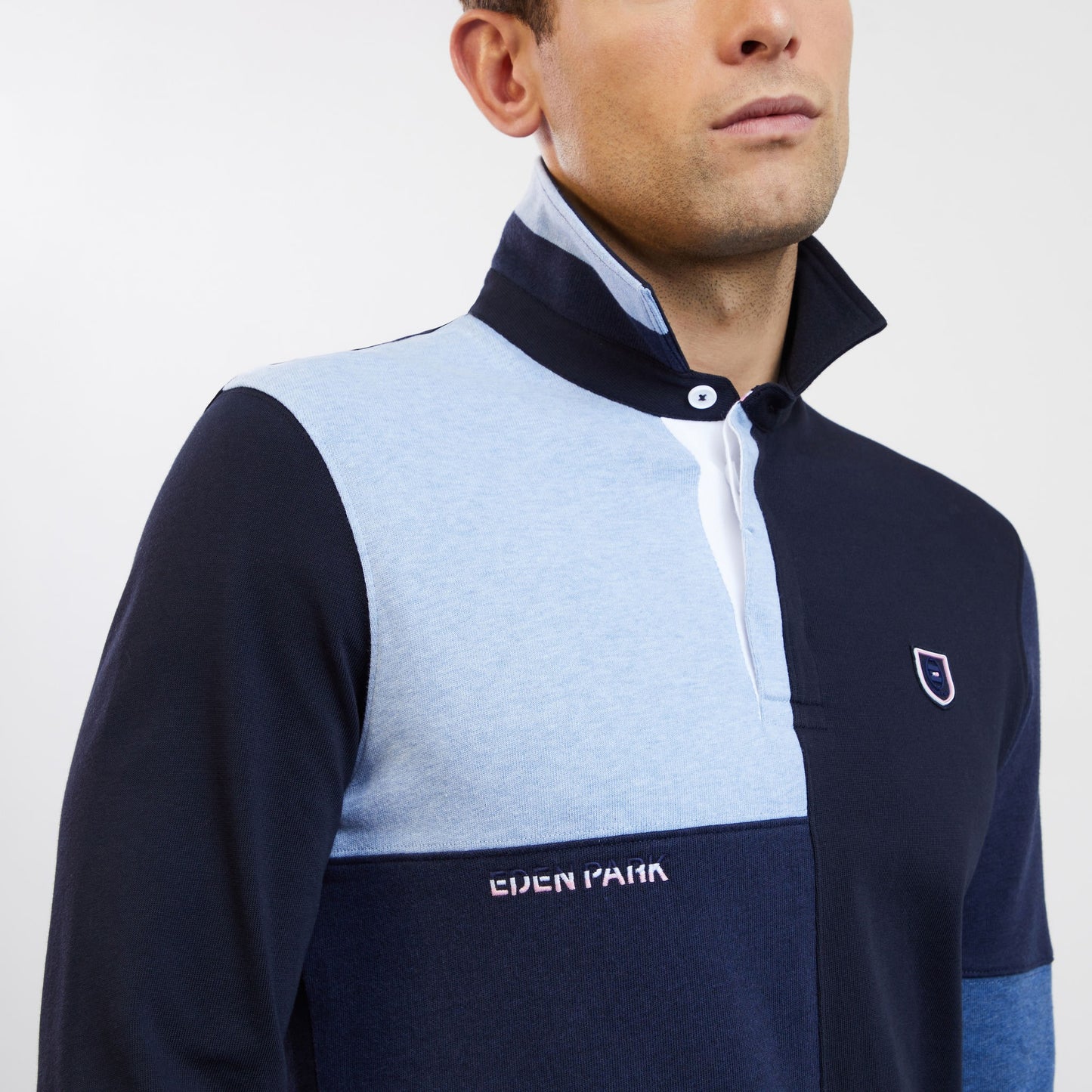Blue long-sleeved colourblock rugby shirt