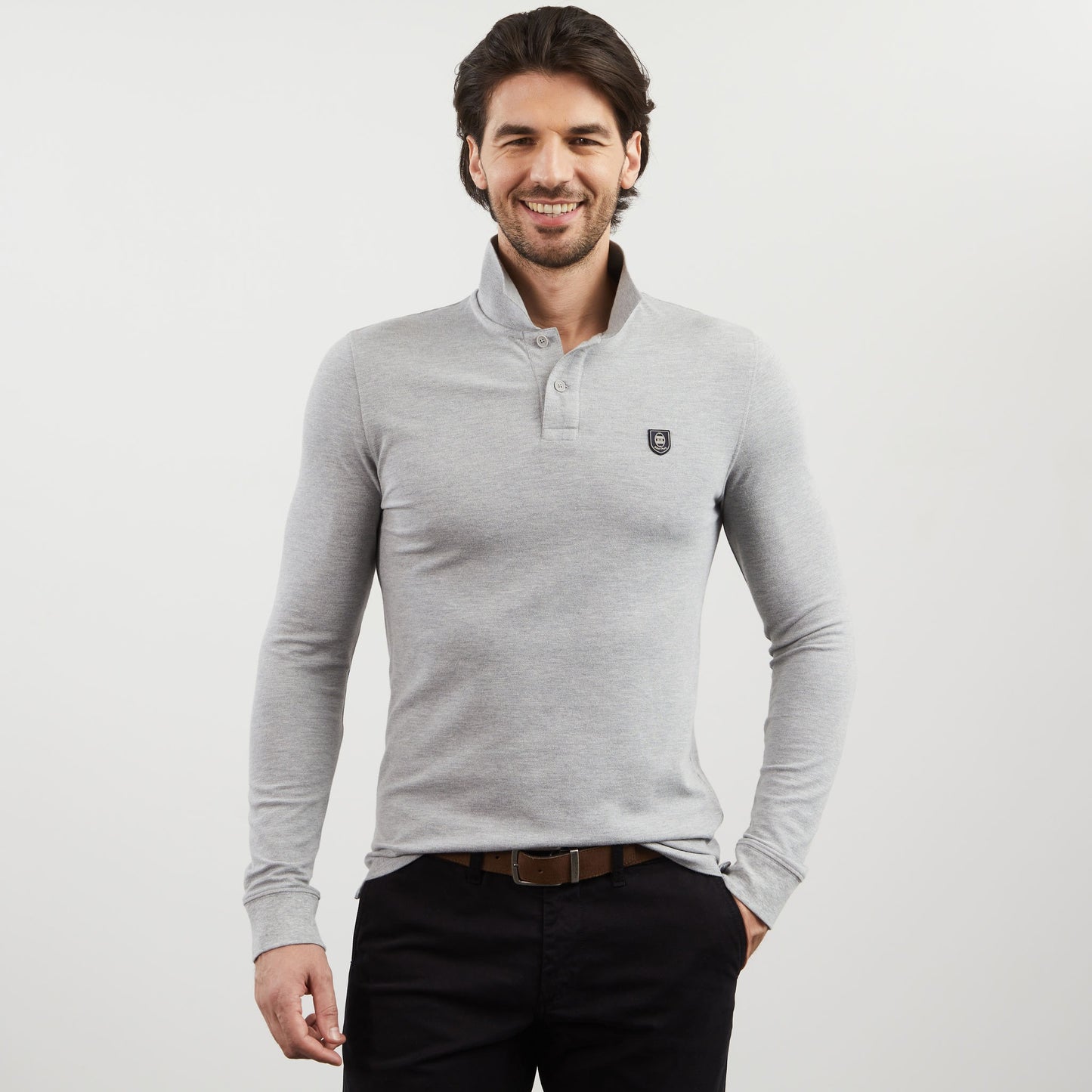 Grey long-sleeved polo shirt