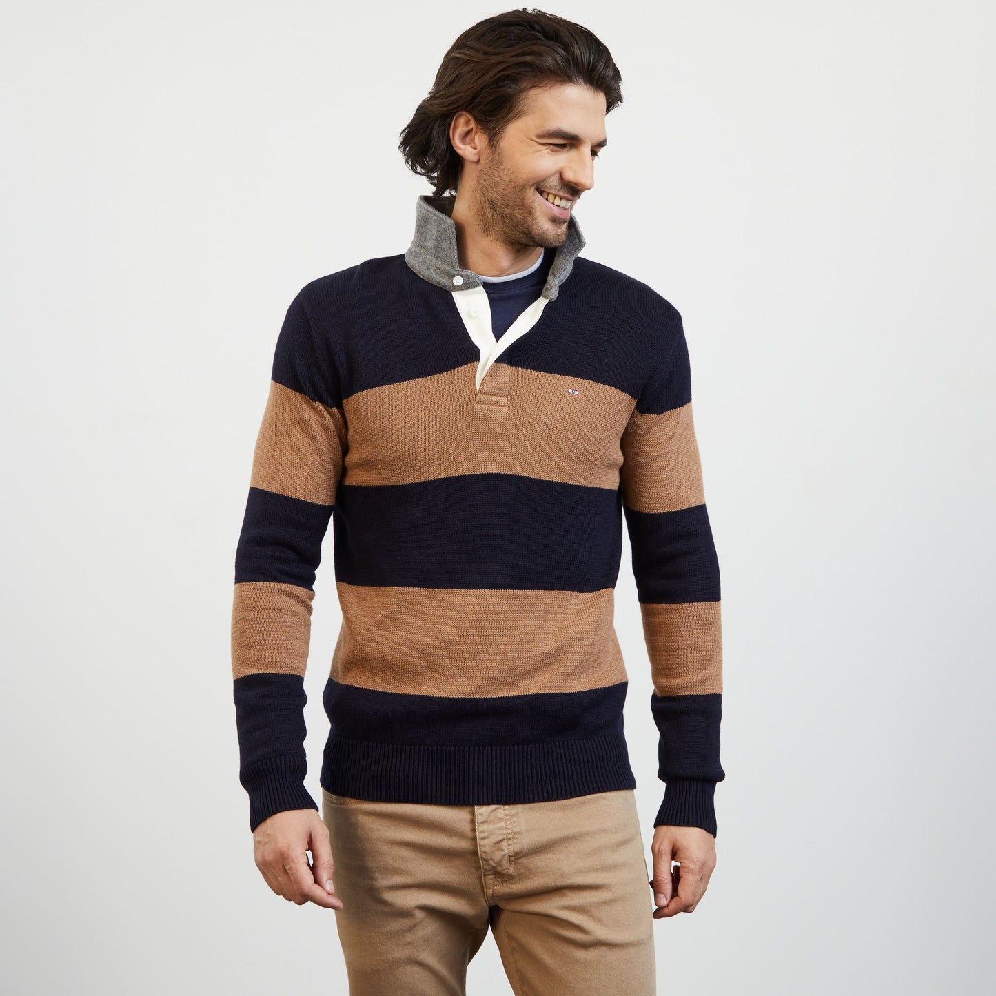 Brown striped polo-neck jumper