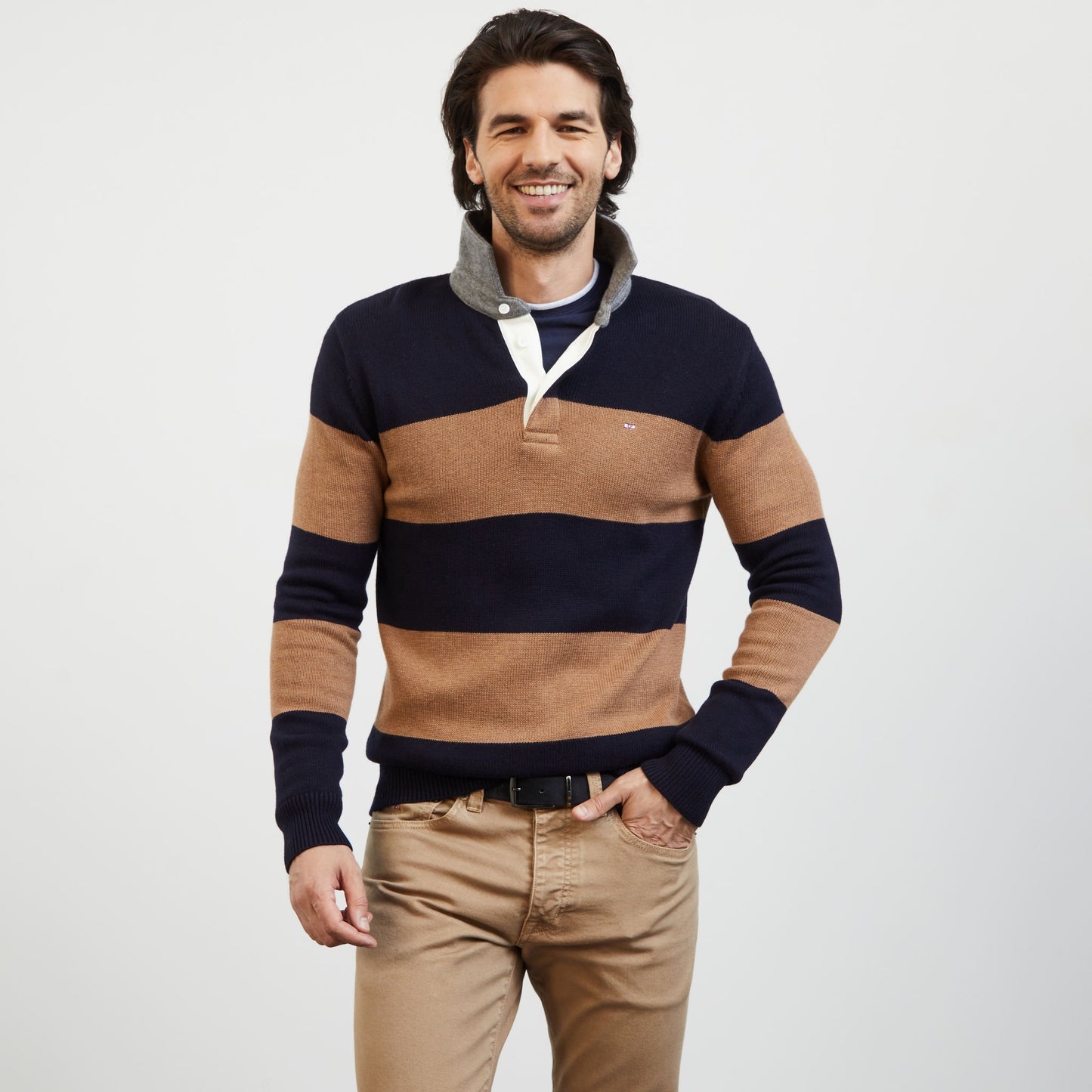 Brown striped polo-neck jumper