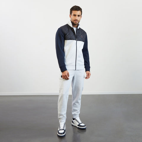 Sweat gris clair zippé bimatière à détails tricolores - Image 1