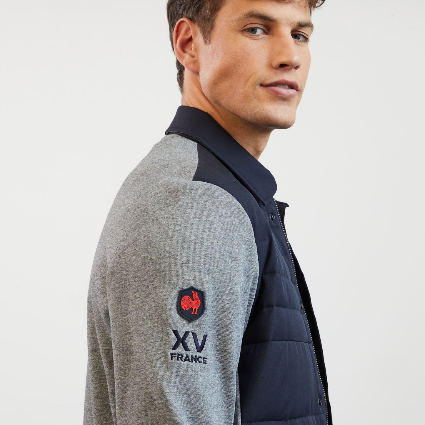 Sweat bleu foncé zippé colorblock bimatière XV de France
