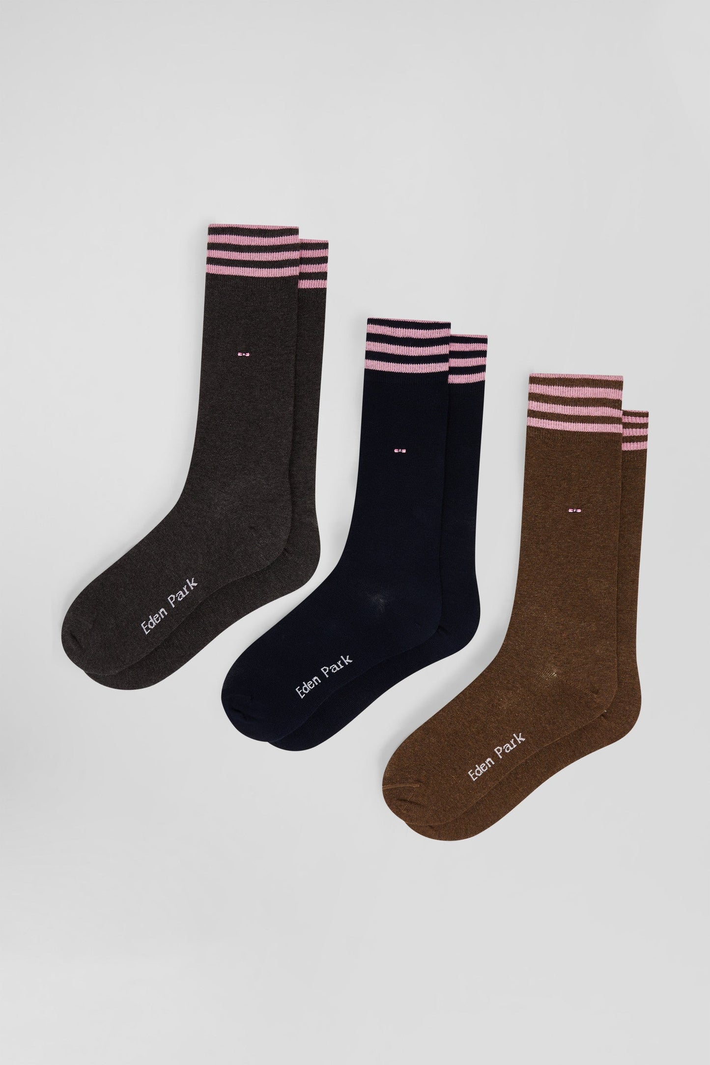 Lot de 3 paires de chaussettes marron à détails cerclés en coton stretch - Image 1