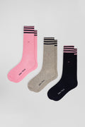 Lot de 3 paires de chaussettes roses à détails cerclés en coton stretch