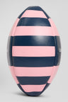 Pink leather rugby ball with striped quarters