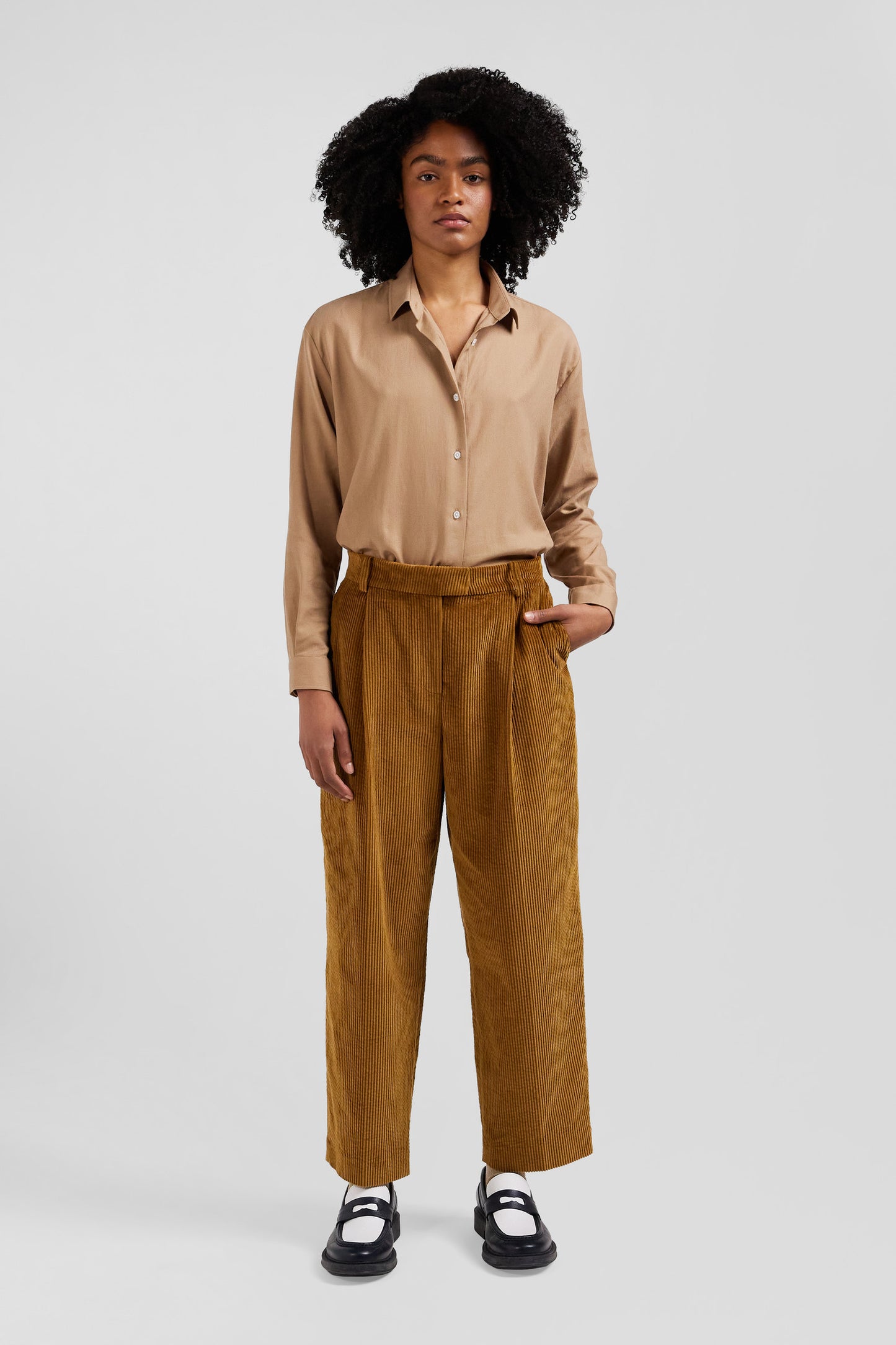 Modern camel checked corduroy trousers