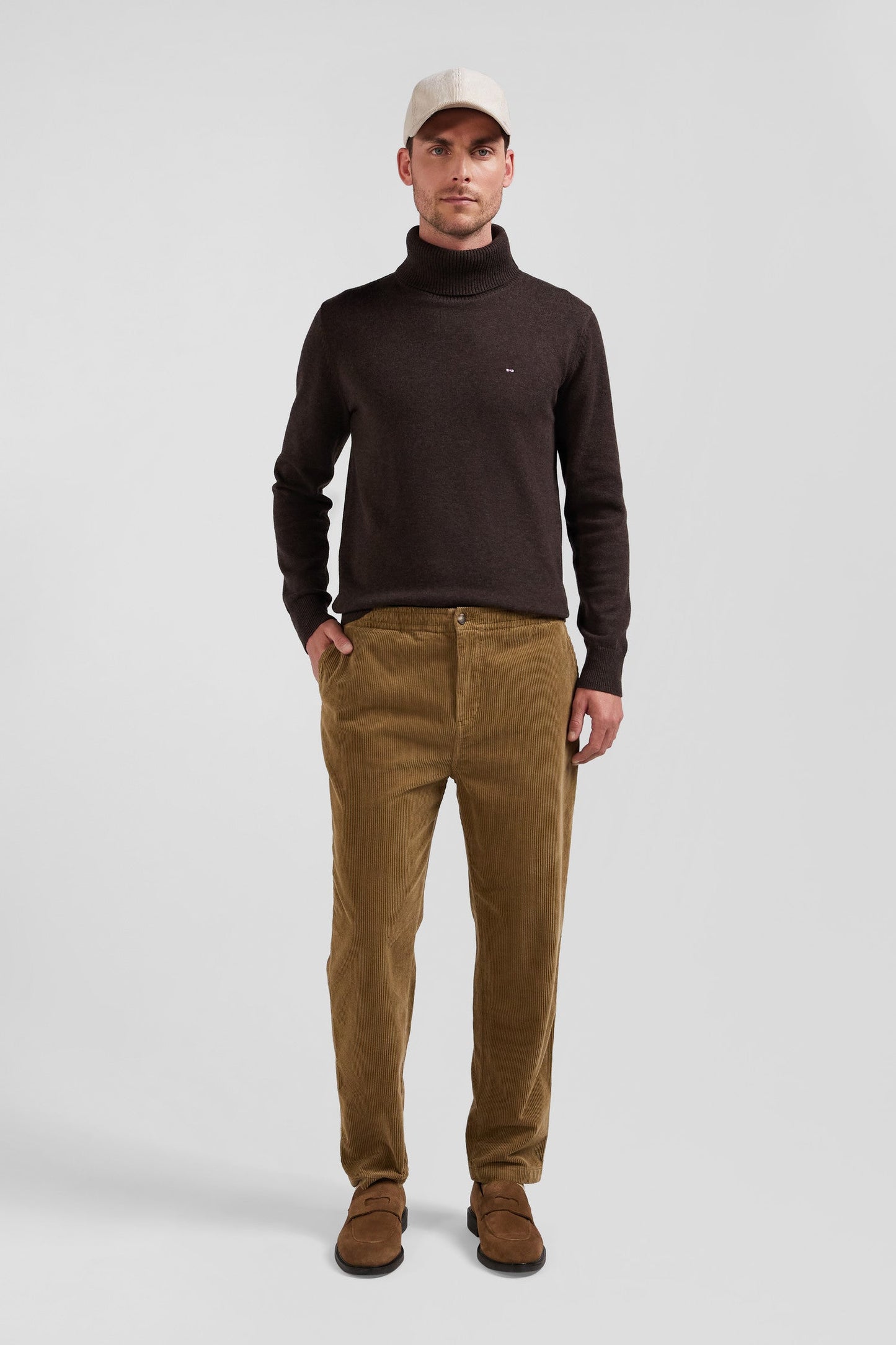 Pantalon à taille élastiquée en coton stretch camel coupe Modern - Image 1