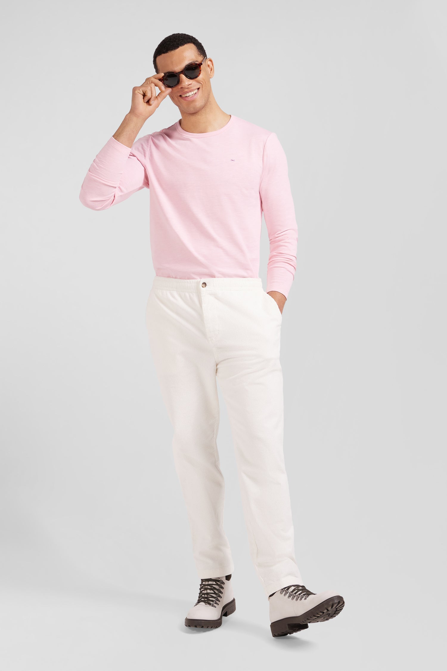 Pantalon à taille élastiquée en coton stretch écru coupe Modern